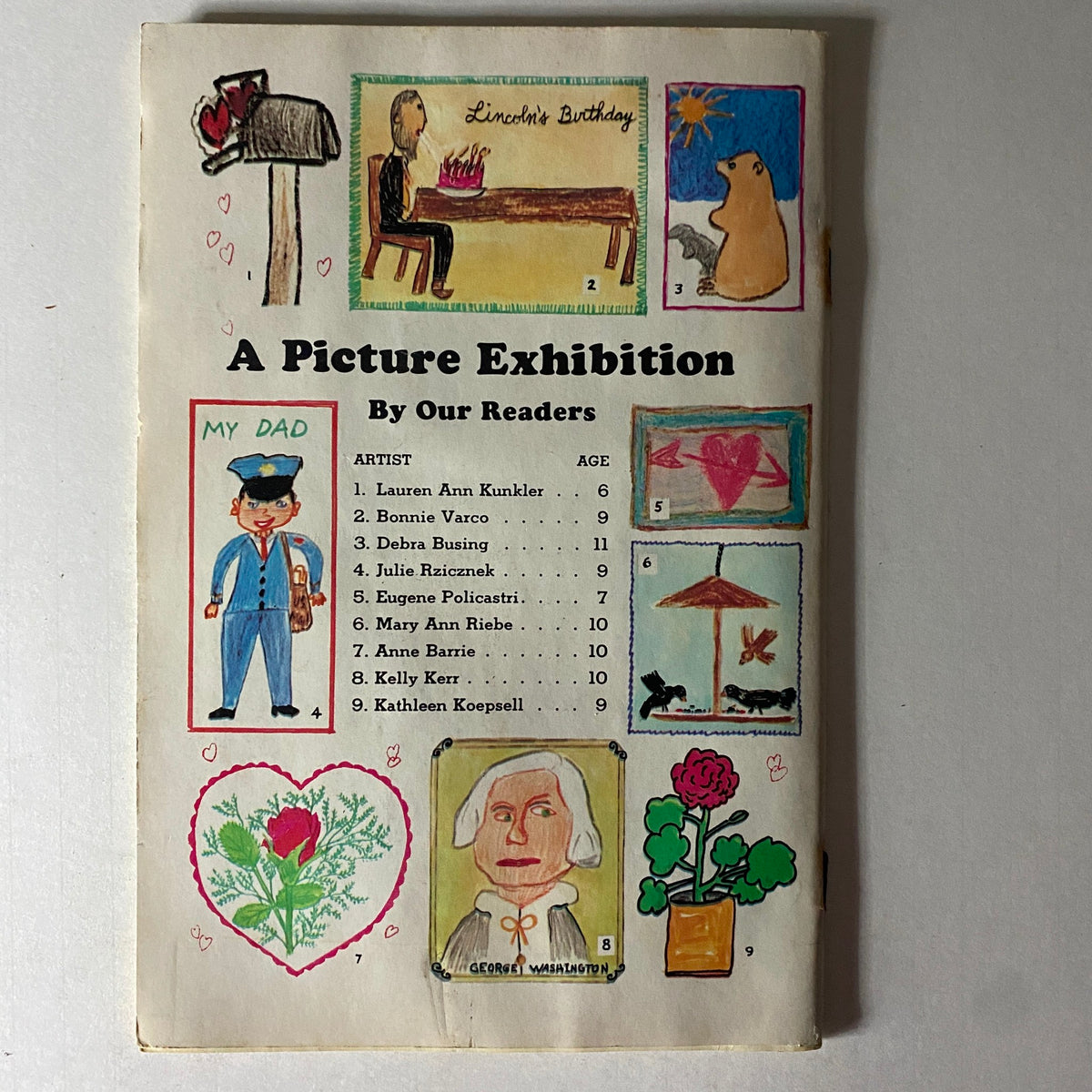 Cover page of a vintage children's magazine displaying various reader-submitted artworks under the title 'A Picture Exhibition', featuring simple drawings related to themes like Lincoln's Birthday and family. Title: TV Special February 1969 The Banana Splits Jack and Jill Beaver Banquet Cover.