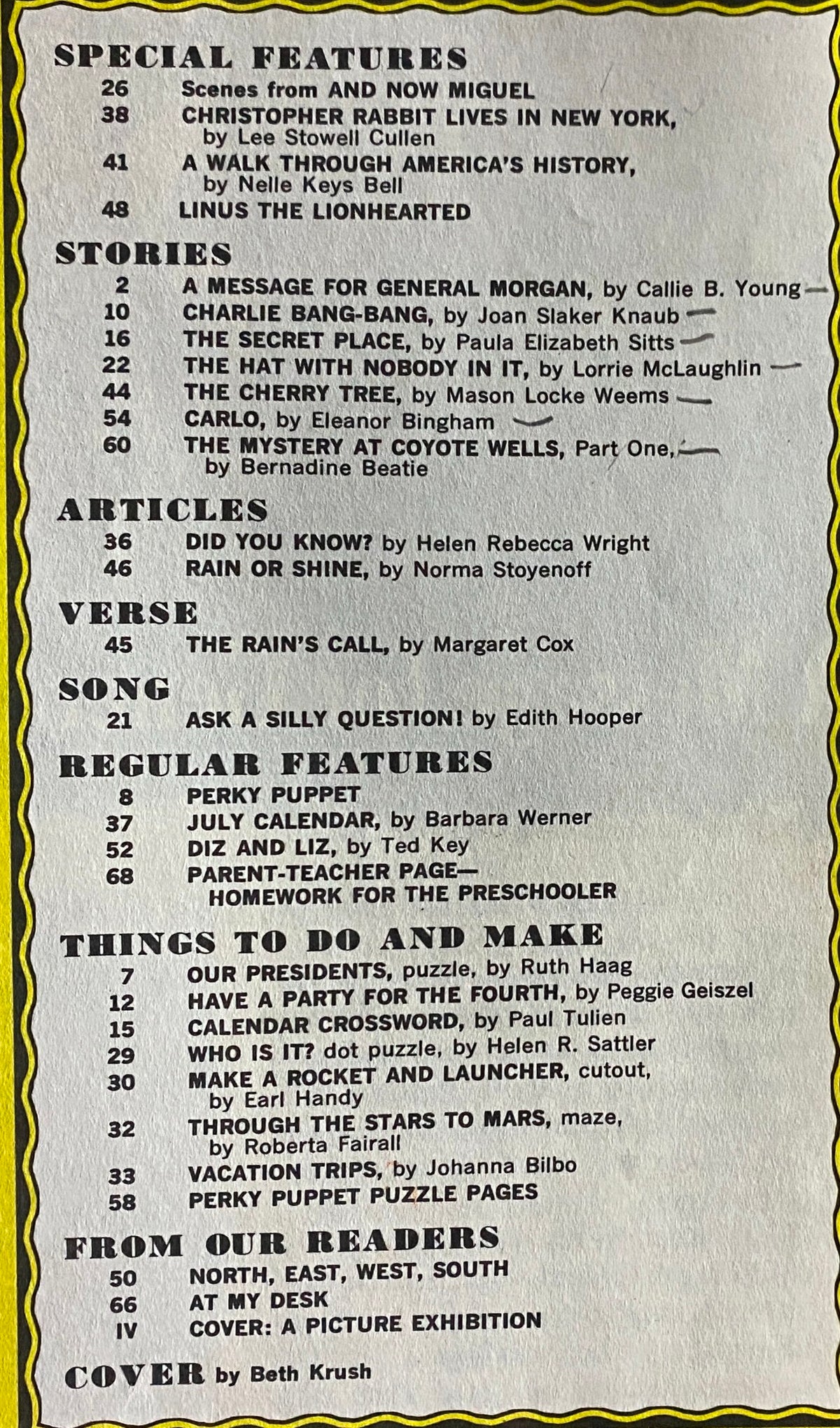 Table of contents page from Jack and Jill Magazine, July 1966, listing special features, stories, and articles, including scenes from And Now Miguel.