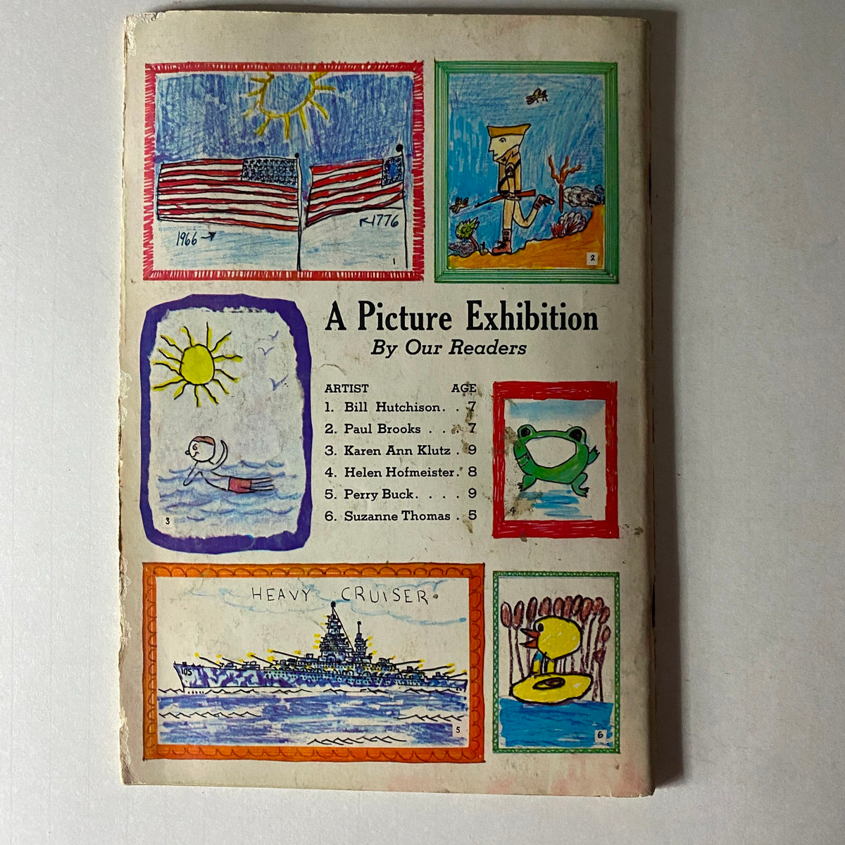 Cover of Jack and Jill Magazine July 1966 featuring children's artwork, including drawings of the sun, a frog, and a ship, along with a title 'A Picture Exhibition By Our Readers'.
