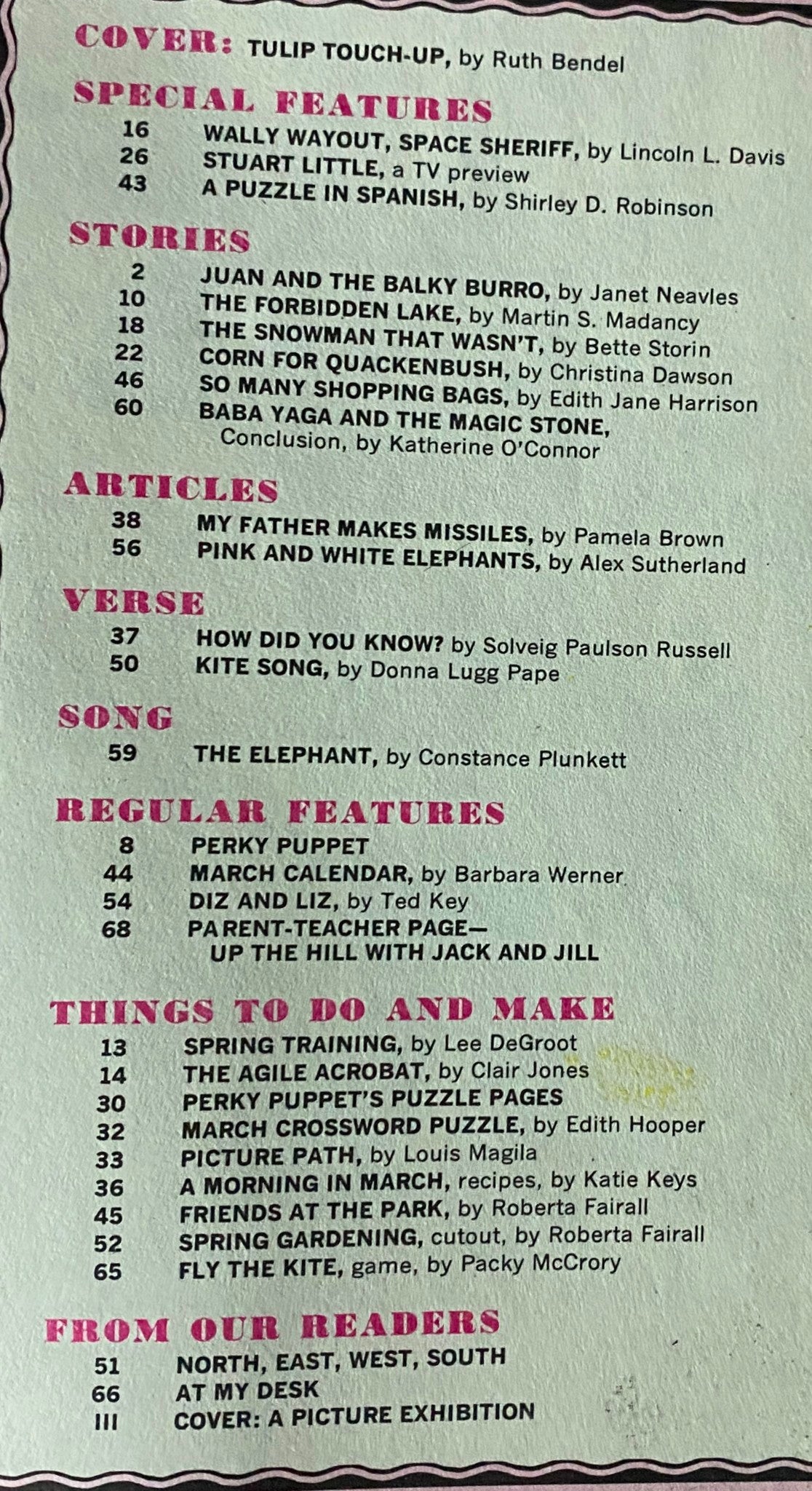 Table of contents page from Jack and Jill Story Magazine March 1966 listing stories, articles, and special features like 'Stuart Little' and 'Kite Song.'