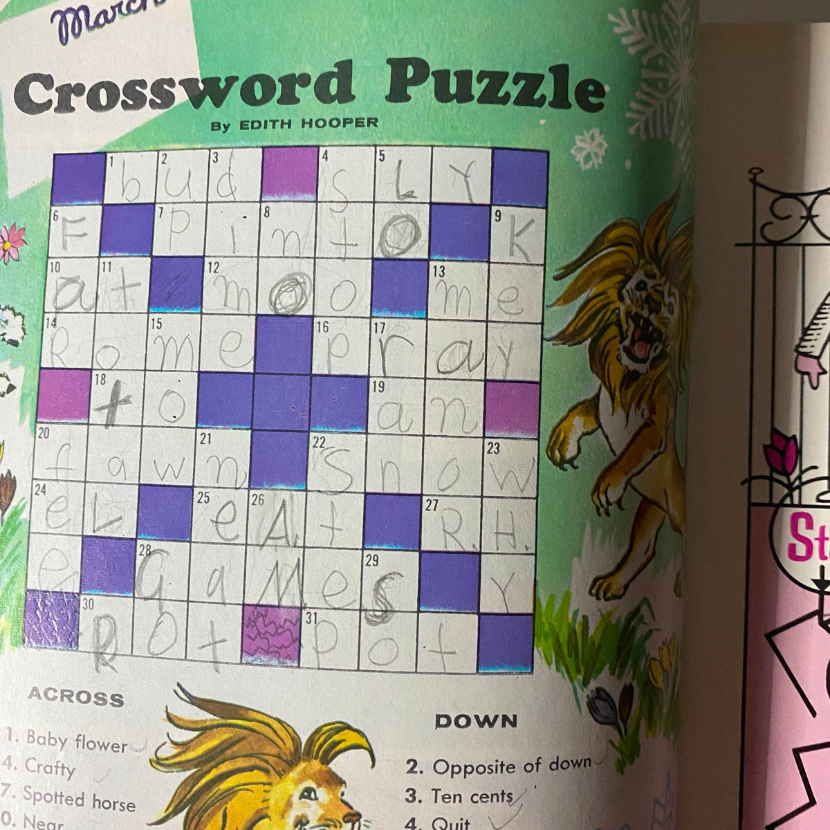 Crossword puzzle page from Jack and Jill Story Magazine March 1966 completed by a child, featuring educational and entertaining content.