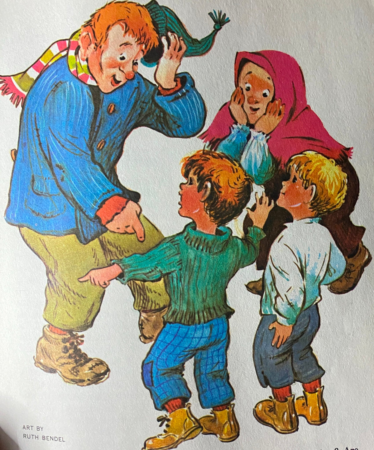 Illustration from Jack and Jill Story Magazine March 1966 featuring characters engaging in a playful scene, showcasing the artwork of Ruth Bendel.