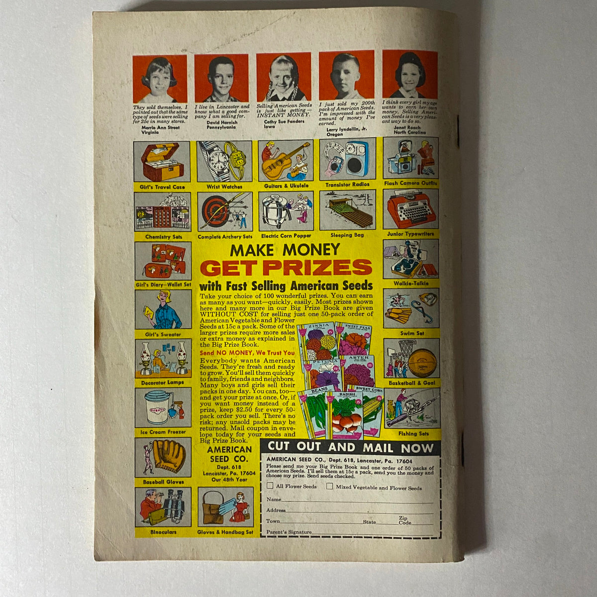 Back cover of the Jack and Jill Story Magazine March 1966 displaying an advertisement for American seeds and prizes, highlighting vintage children's collectibles.