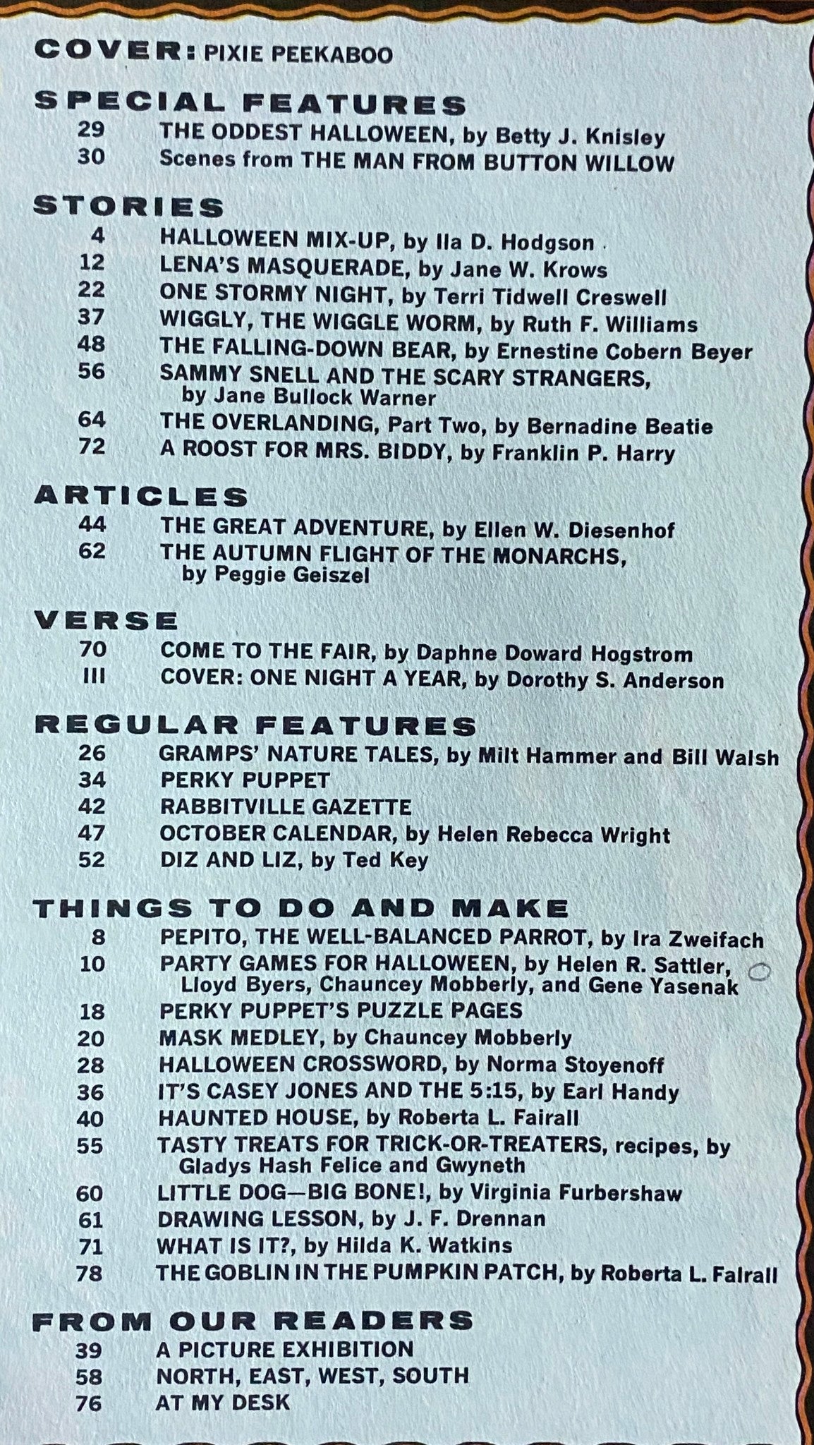 Table of contents from the Jack and Jill Story Magazine, October 1965, featuring the cover story 'Pixie Peekaboo' and various articles and stories for children.