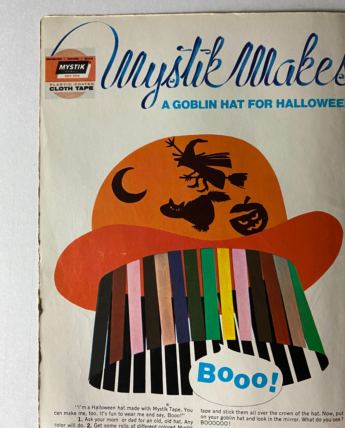 Instructions for creating a goblin hat for Halloween from the Jack and Jill Story Magazine, October 1965, showcasing a colorful design with Halloween motifs.