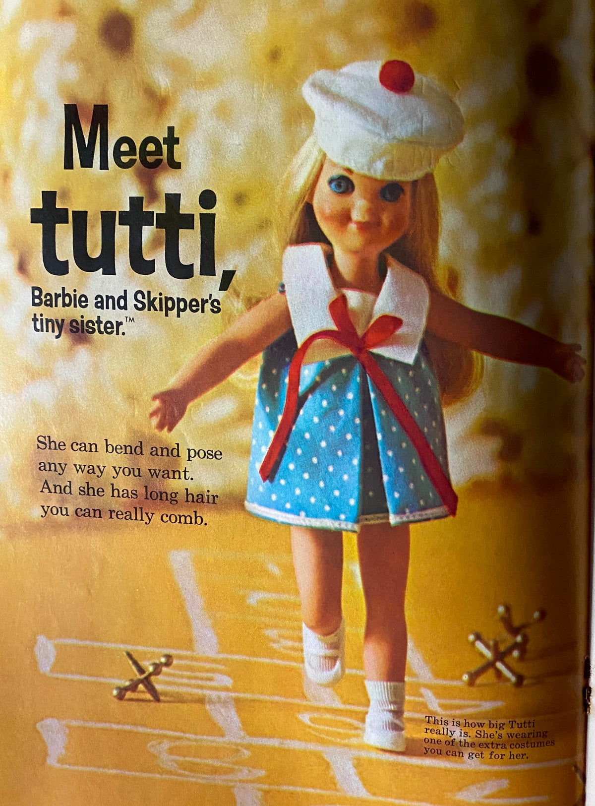 Advertisement for the Tutti doll featured in the 'Jack and Jill Story Magazine' from August 1966, showcasing her ability to bend and pose, and her long hair that can be combed.