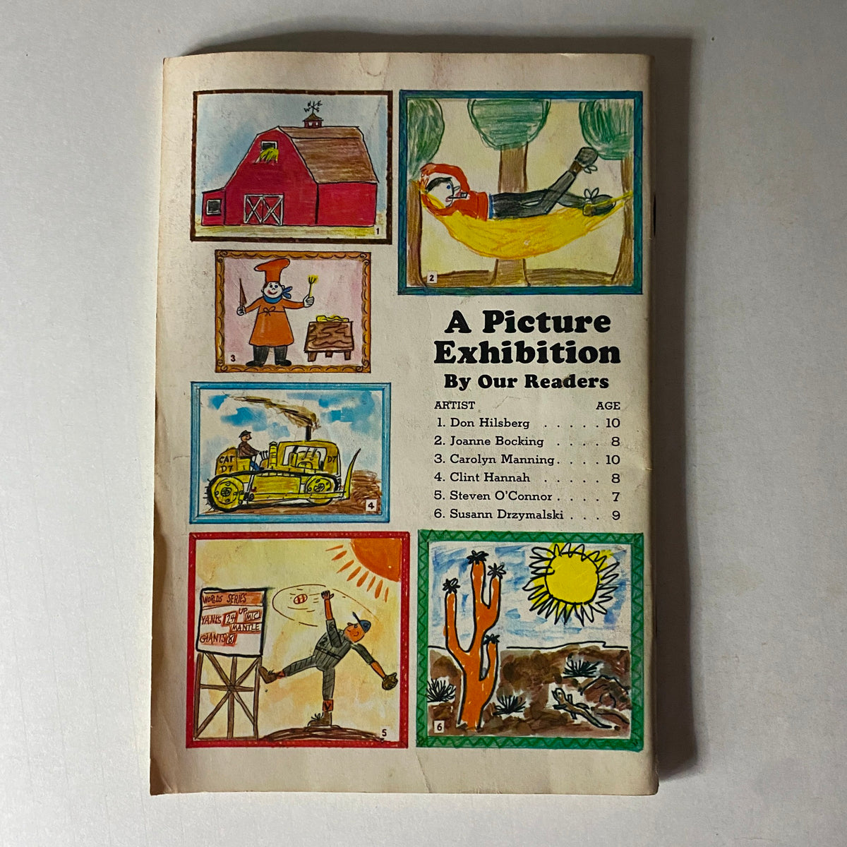 A featured page from the Jack and Jill Story Magazine, August 1966, showcasing 'A Picture Exhibition' by young readers. The page features six colorful illustrations by various artists, along with their names and ages, highlighting the creativity of children and the engaging theme of the magazine.