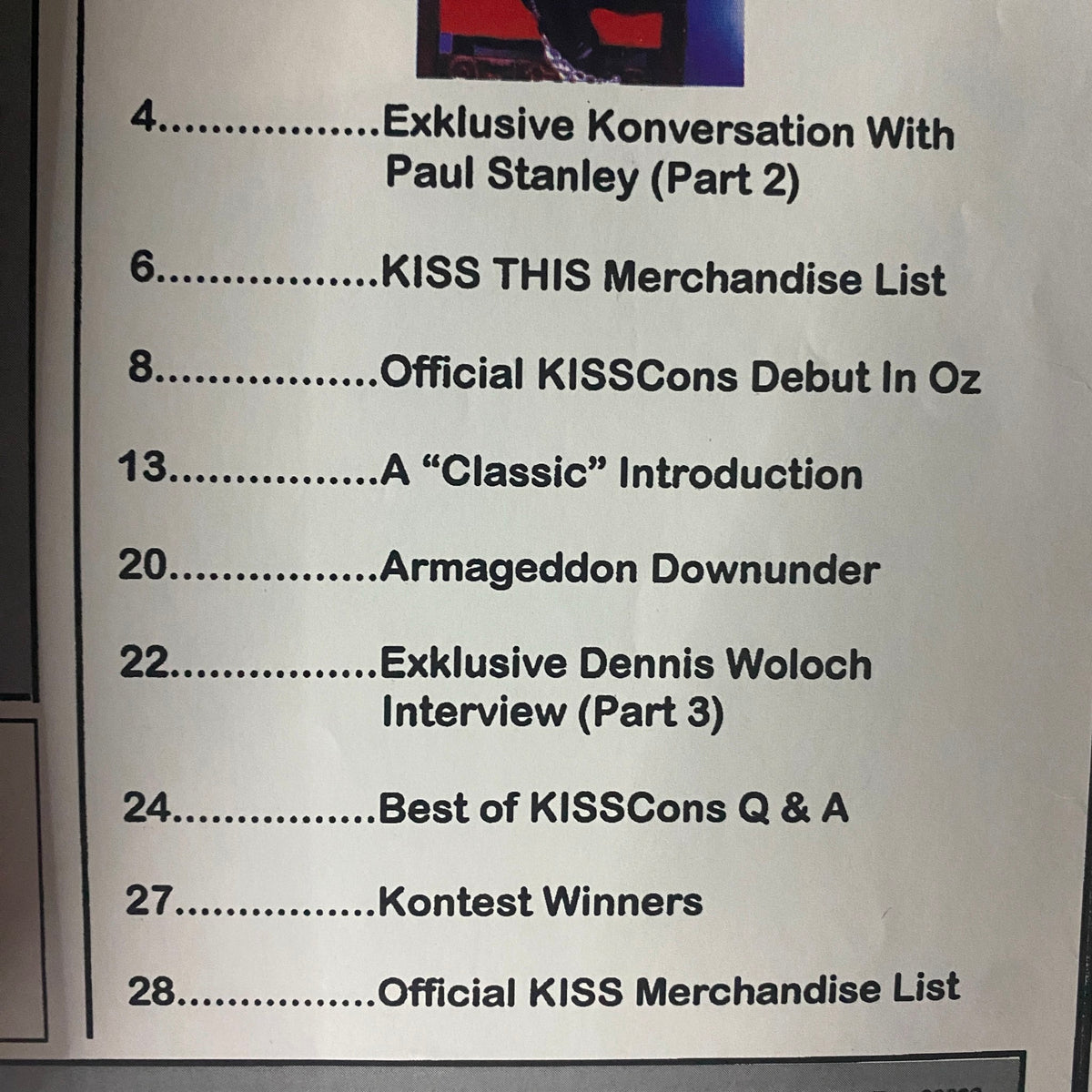 Table of contents for This Kiss Vol 2 No 2, including topics like Paul Stanley interview and KISS merchandise list.