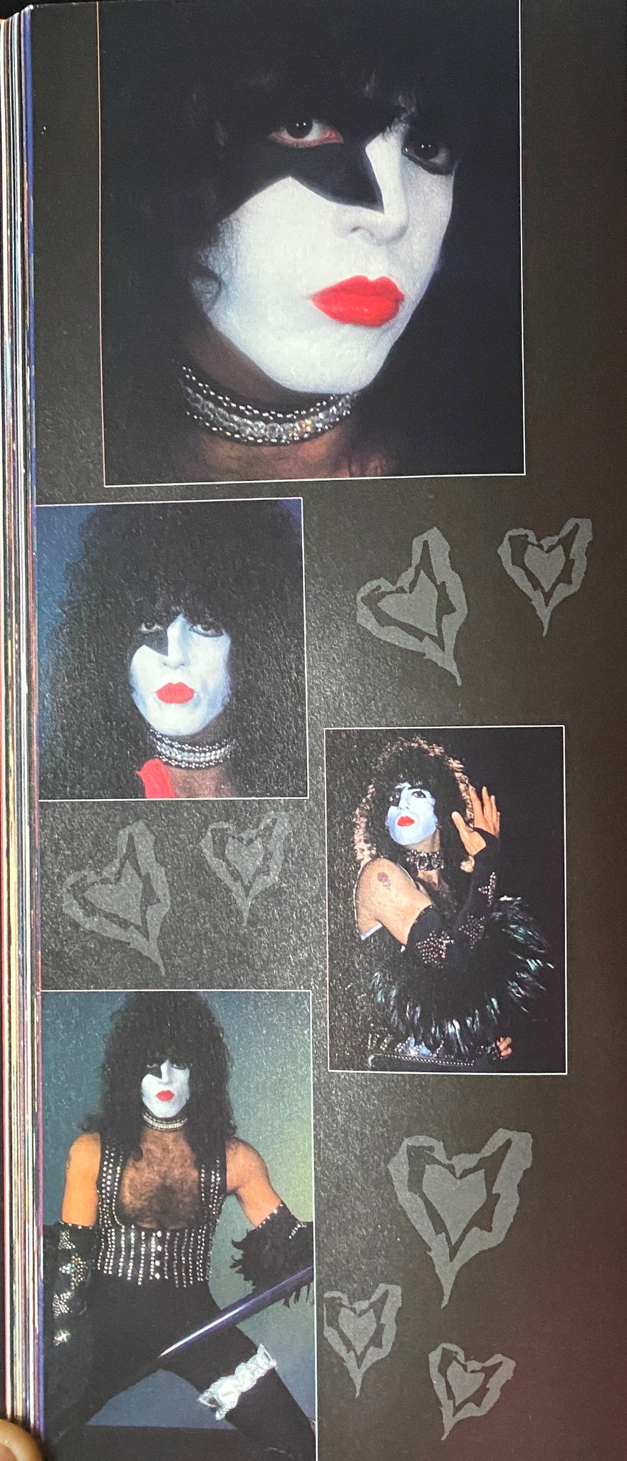 Interior page of 'The KISS Years' by Barry Levine displaying close-up photos of a KISS band member in distinctive stage makeup, emphasizing the unique rock and roll aesthetic.