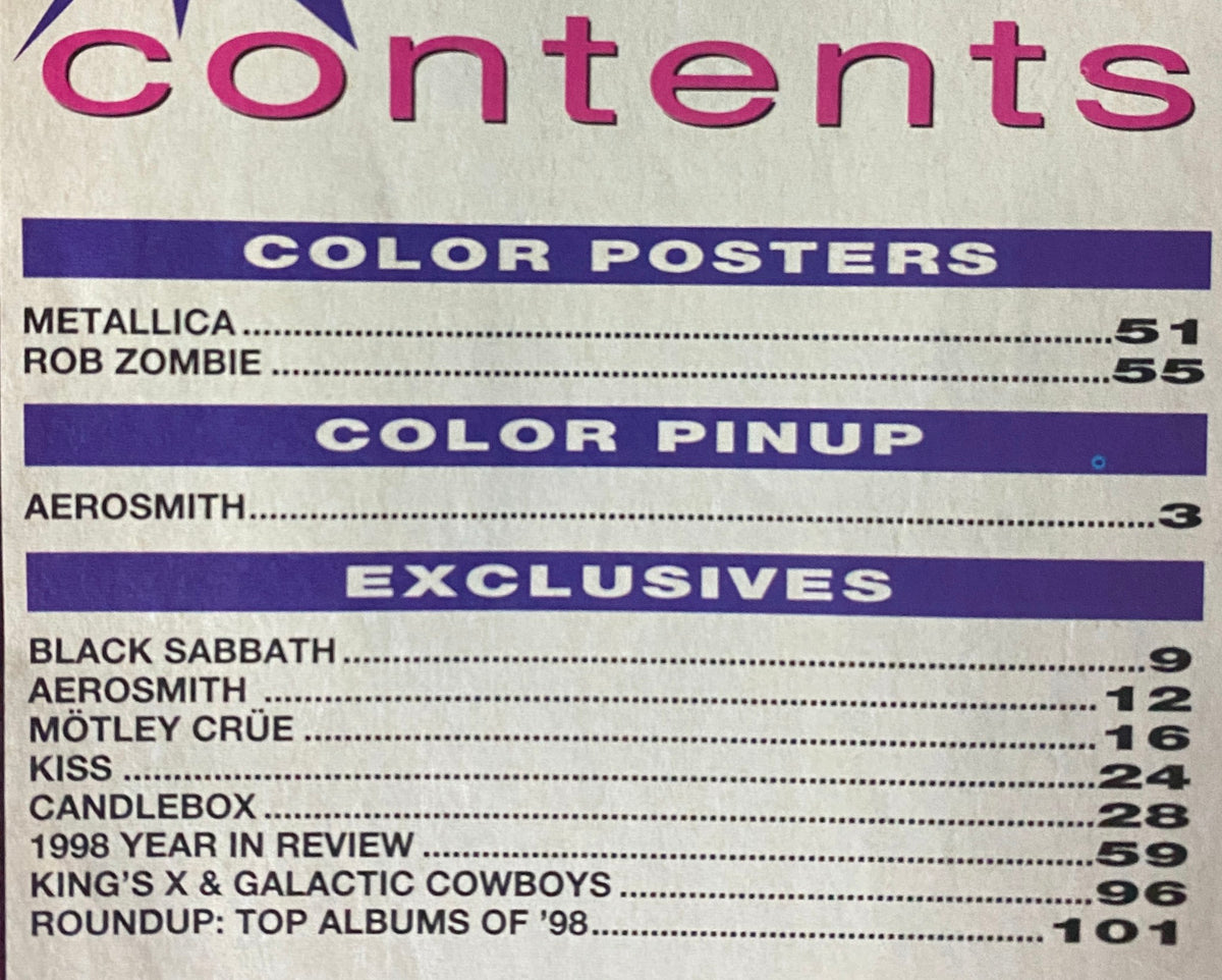 Table of contents from the March 1999 issue of Metal Edge Magazine, listing features on Metallica, Rob Zombie, Aerosmith, and notable exclusives. It includes associated page numbers for color posters and articles.