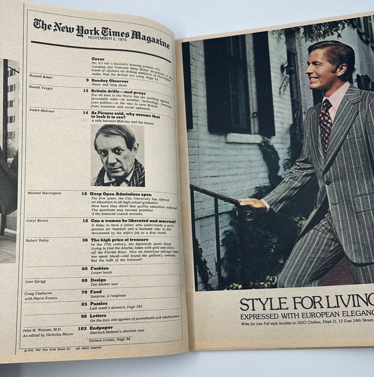 Inside page of The New York Times Magazine, November 2, 1975, showcasing the Table of Contents with articles including 'Sunday Observer,' 'Keep Open Admissions Open,' and 'The high price of treasure'.