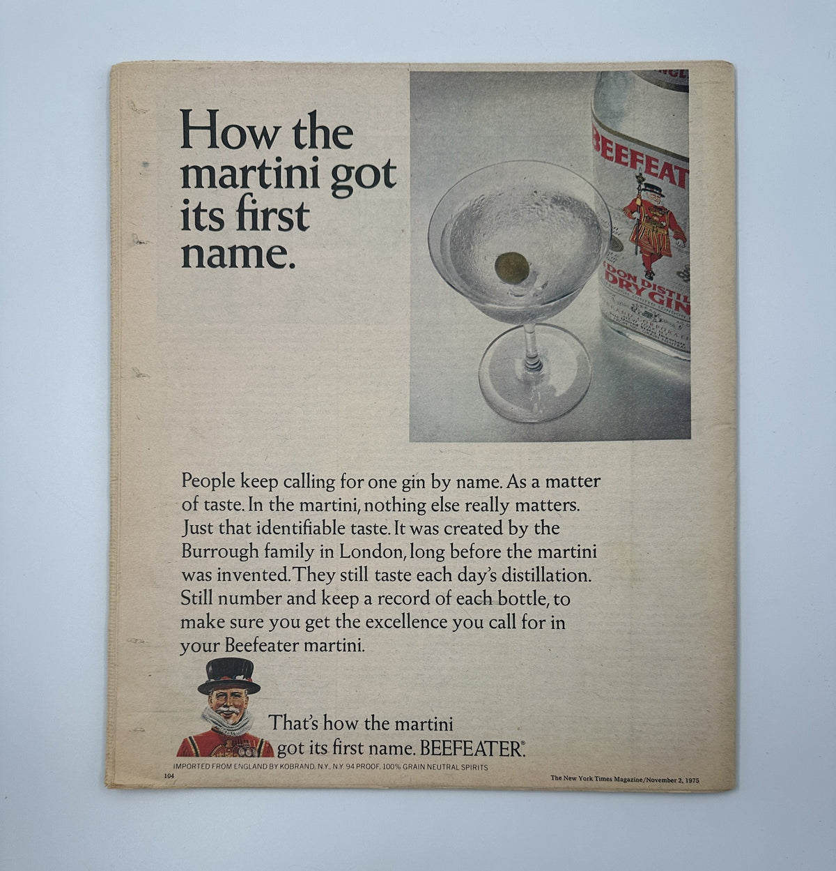 Cover of The New York Times Magazine from November 2, 1975, featuring an article titled 'How the martini got its first name.' The image showcases a vintage layout with a Beefeater gin advertisement, emphasizing the historical connection and cultural significance of the martini.