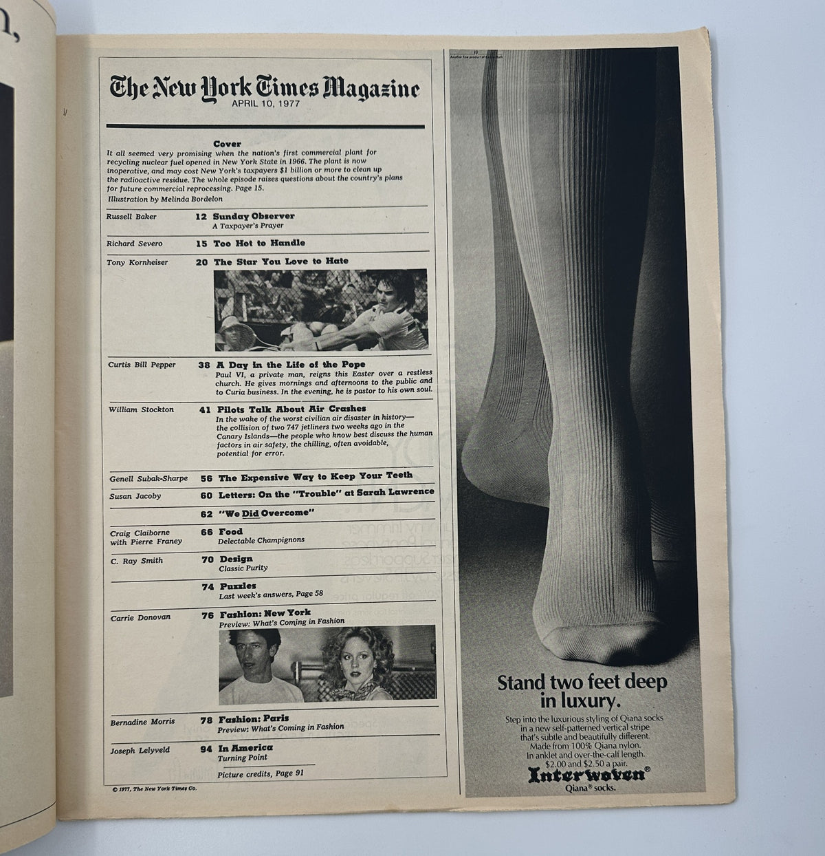 Inside page of The New York Times Magazine April 10, 1977 displaying the Table of Contents, highlighting articles like 'A Day in the Life of the Pope' and 'Pilots Talk About Air Crashes', along with various contributors and features.