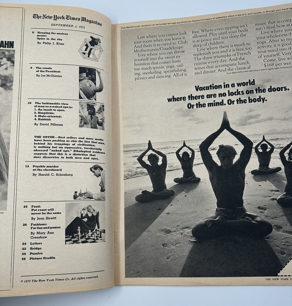 Inside spread of The New York Times Magazine September 3, 1972, showing a meditation scene with individuals in yoga poses at the beach, accompanied by various section headings and articles.