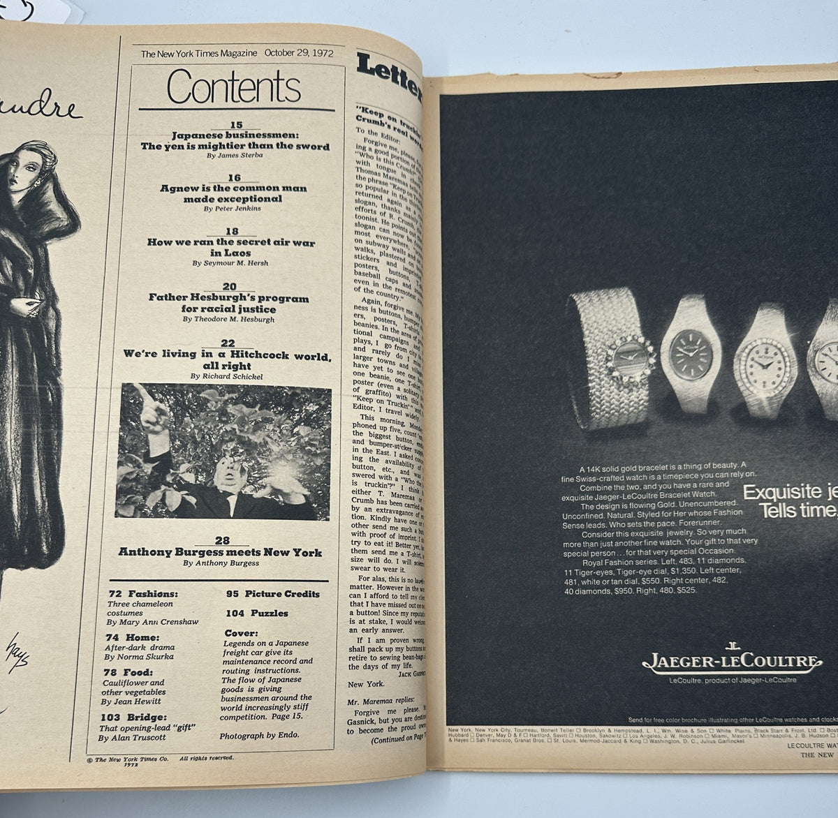 Inside spread of The New York Times Magazine from October 29, 1972, showcasing the table of contents with articles including 'Japanese businessmen: The yen is mightier than the sword' and a watch advertisement.