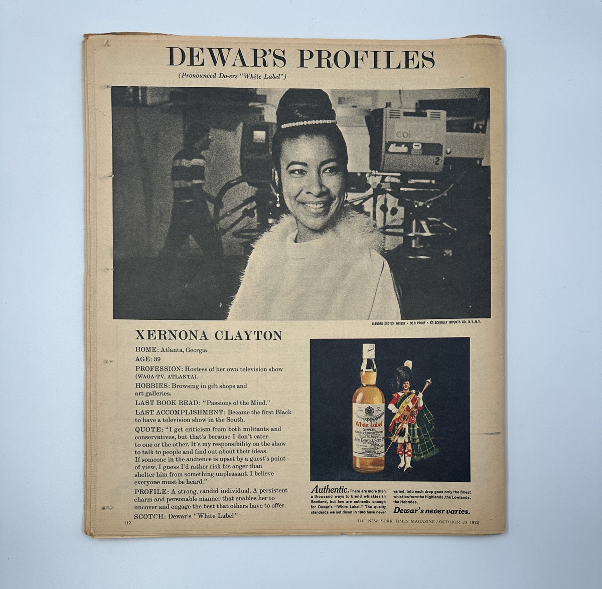 Dewar's Profiles featuring Xernona Clayton, an influential figure from Atlanta, Georgia, promoting Dewar's 'White Label'. This image is from The New York Times Magazine, October 29, 1972, showcasing her professional and personal insights.