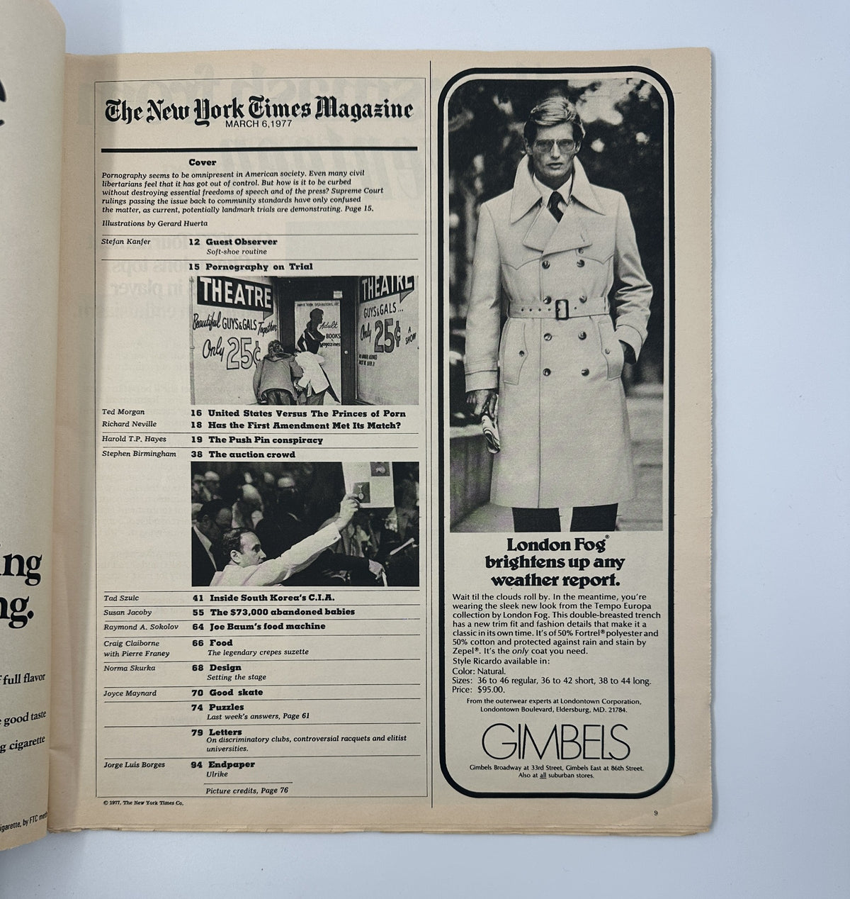 Inside page of The New York Times Magazine, March 6, 1977, showcasing the Table of Contents, including 'Pornography on Trial' and a fashion advertisement for London Fog over a model in a trench coat.
