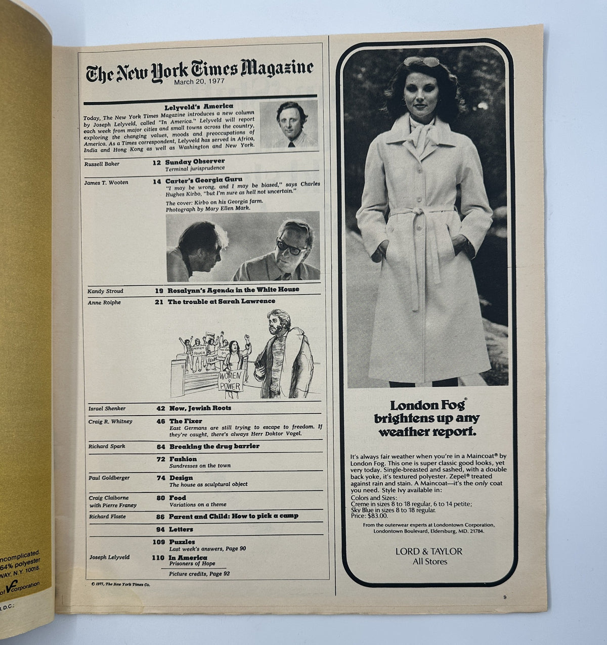 Inside page of The New York Times Magazine March 20, 1977 displaying the Table of Contents, including the feature article 'Carter’s Georgia Guru', with a stylish model in a London Fog coat.