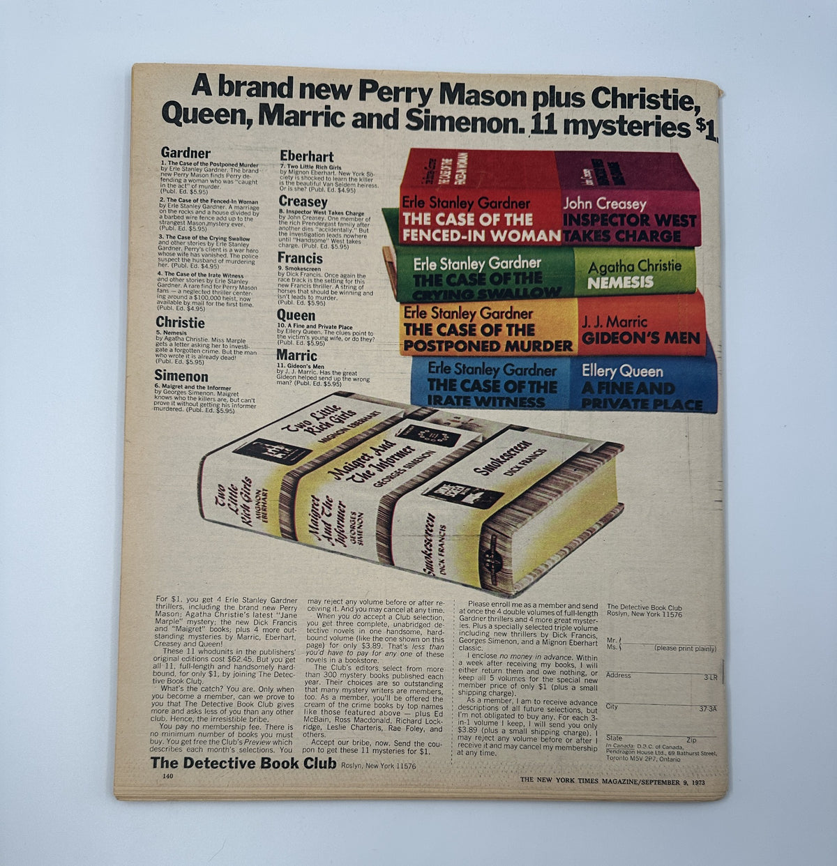 Back cover of The New York Times Magazine, September 9, 1973, showcasing a promotional ad for various mystery novels, including titles by famous authors like Christie and Queen.