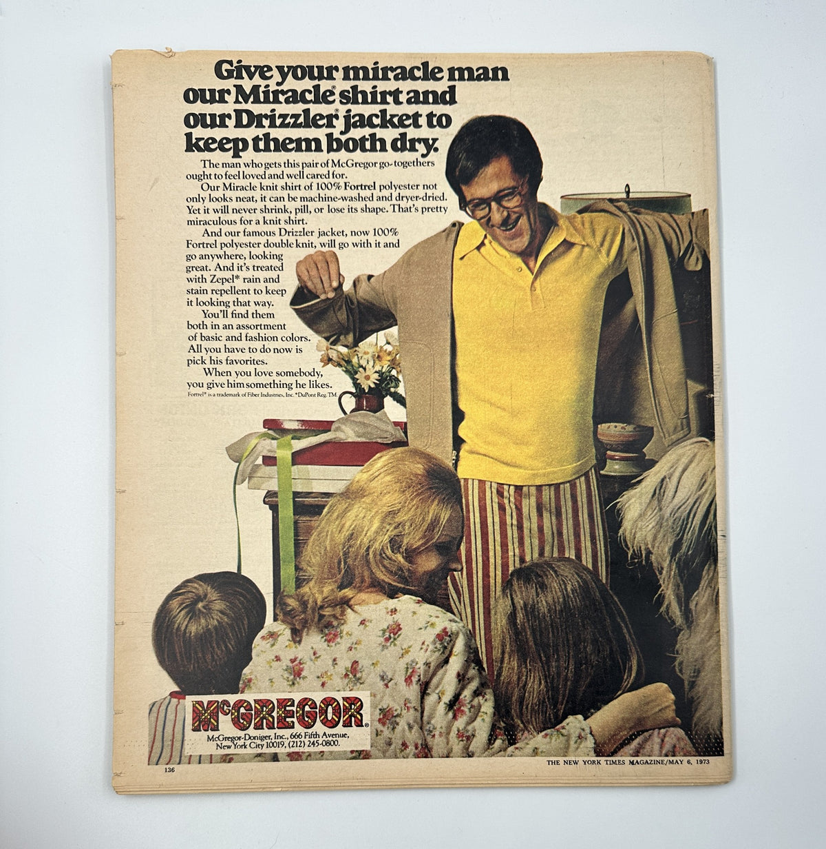 Back cover of The New York Times Magazine, May 6, 1973 featuring an advertisement for McGregor clothing, illustrating a man promoting a Miracle shirt and Drizzler jacket.
