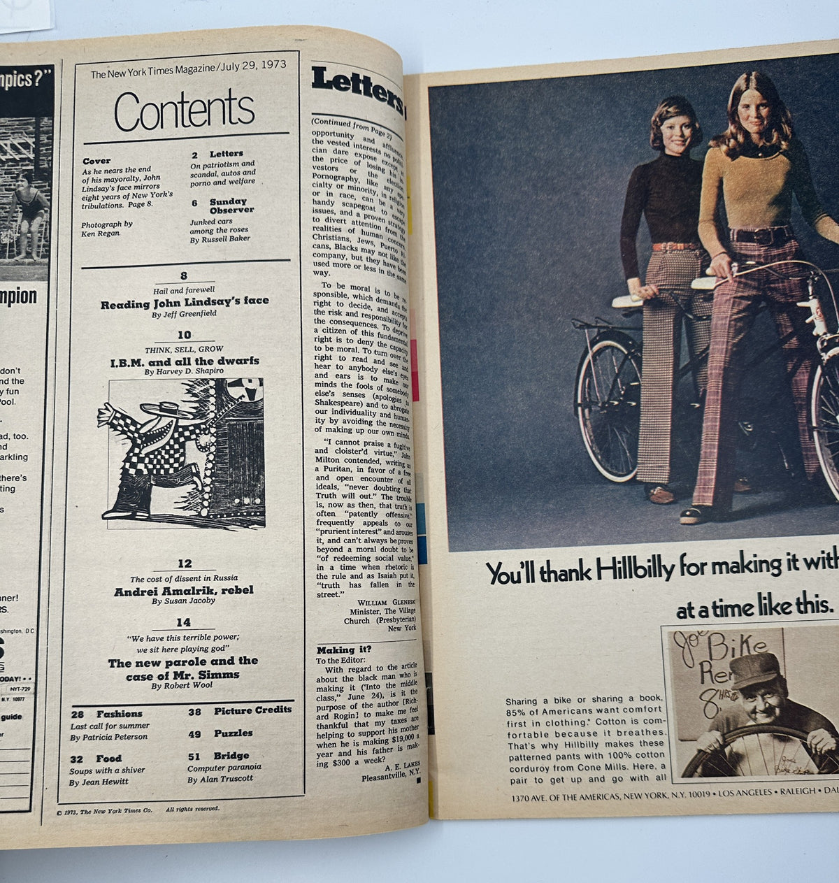 Table of contents from The New York Times Magazine July 29, 1973, showcasing articles including 'Reading John Lindsay's face' and various prominent topics of the issue.