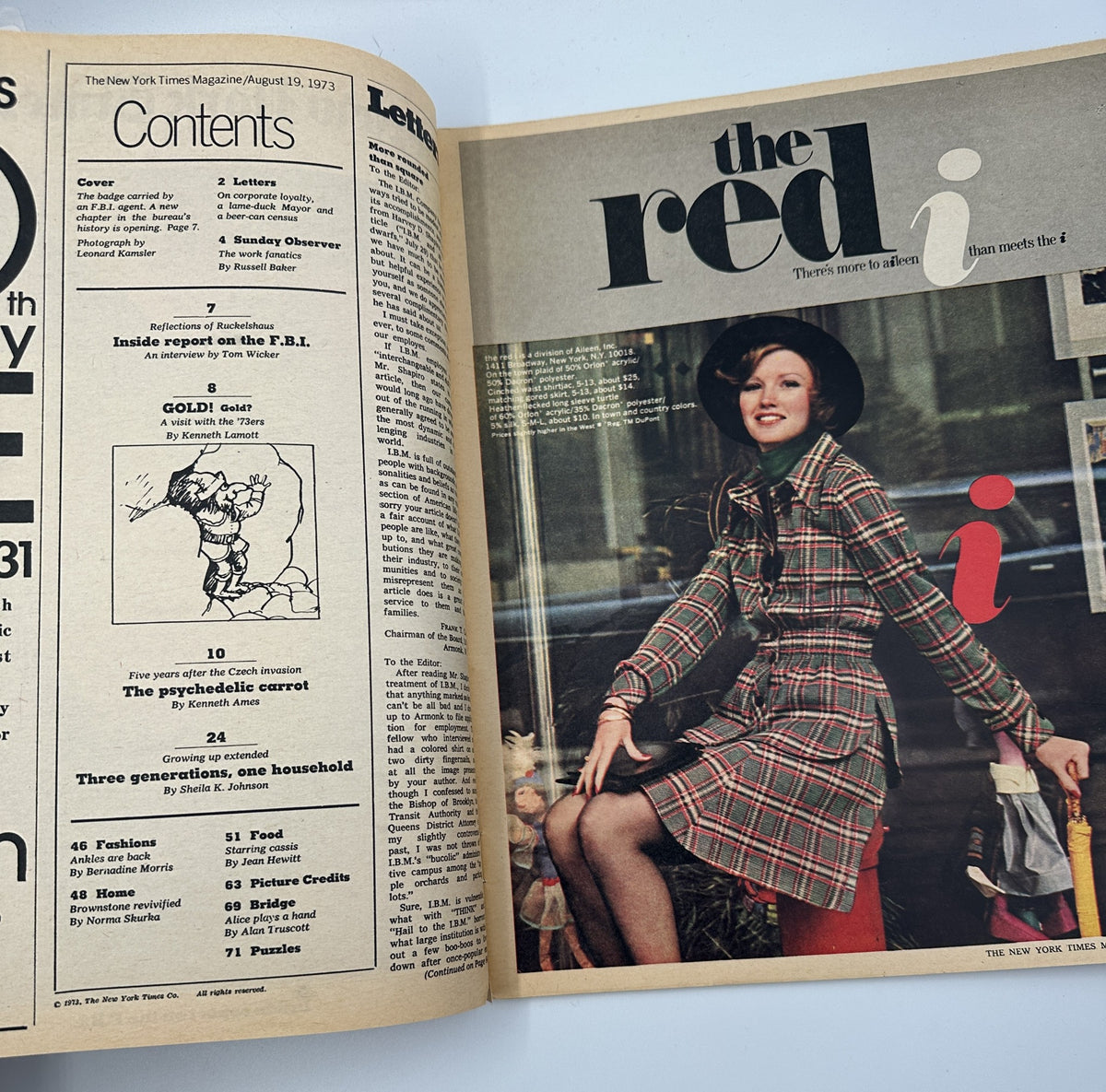 The New York Times Magazine August 19, 1973 showing an article titled 'Inside Report on the FBI' with a model in a plaid outfit on the right page, surrounded by the table of contents of the magazine.