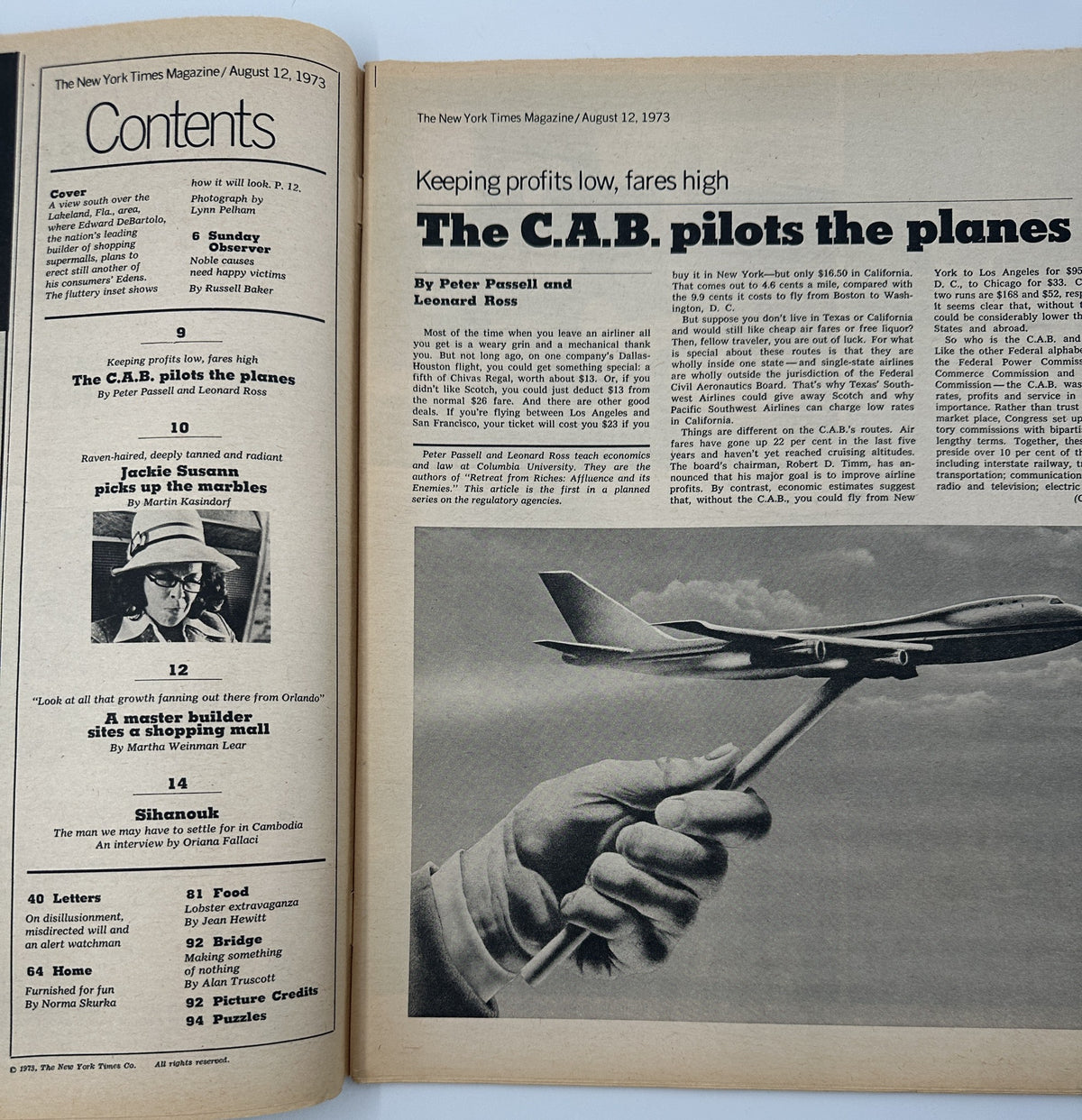 Inside page of The New York Times Magazine August 12, 1973 displaying the Table of Contents. It features articles including 'Keeping profits low, fares high' and 'The C.A.B. pilots the planes' by Peter Passell and Leonard Ross.