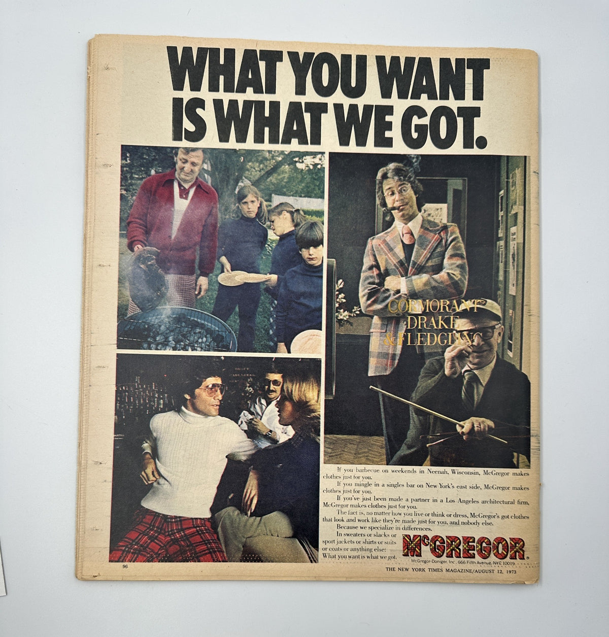 Back cover of The New York Times Magazine August 12, 1973 showcasing an advertisement for McGregor clothing. The collage includes images of various models and the tagline 'What you want is what we got'.