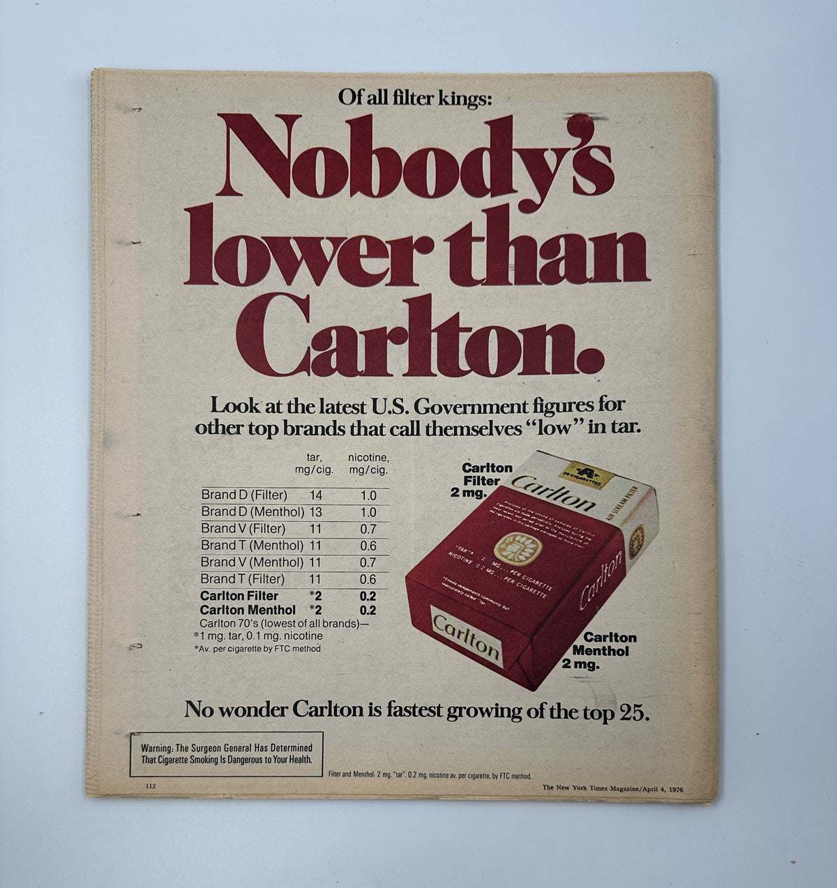 Advertisement page from The New York Times Magazine April 4, 1976 promoting Carlton cigarettes with the tagline 'Nobody's lower than Carlton.'