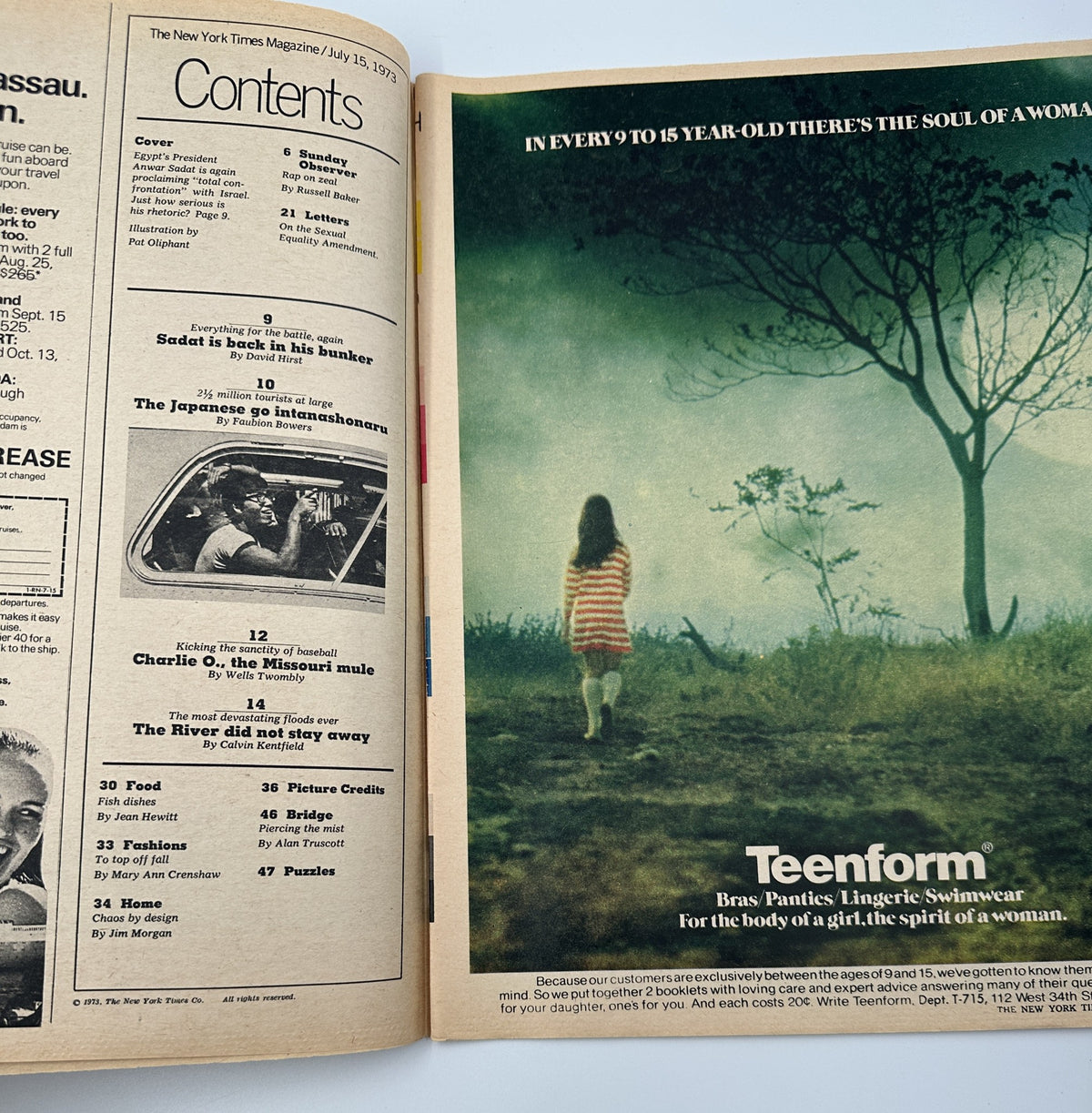 Inside page of The New York Times Magazine July 15, 1973 displaying the Table of Contents, including notable articles such as 'The Japanese go intanasharu' and 'Everything for the battle, again'.
