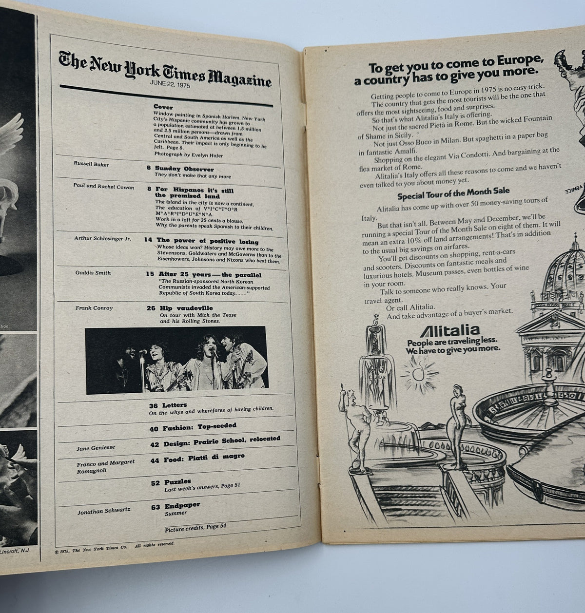 Inside spread of The New York Times Magazine June 22, 1975, displaying the table of contents, including articles by Russell Baker and Arthur Schlesinger Jr. Features include information about the magazine's diverse topics.