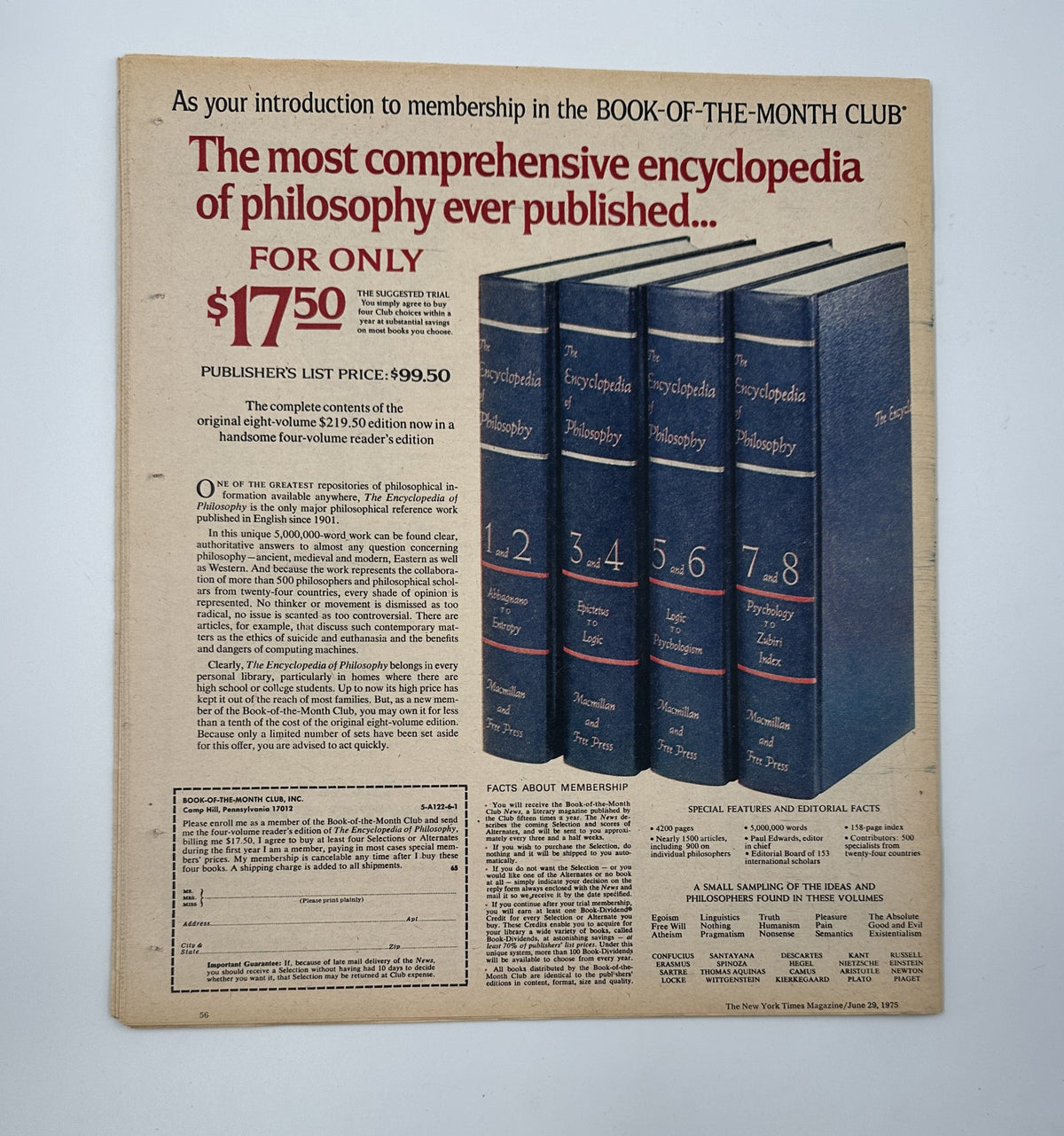 The New York Times Magazine June 29, 1975 back page featuring an advertisement for a comprehensive encyclopedia of philosophy, highlighting the membership offer.