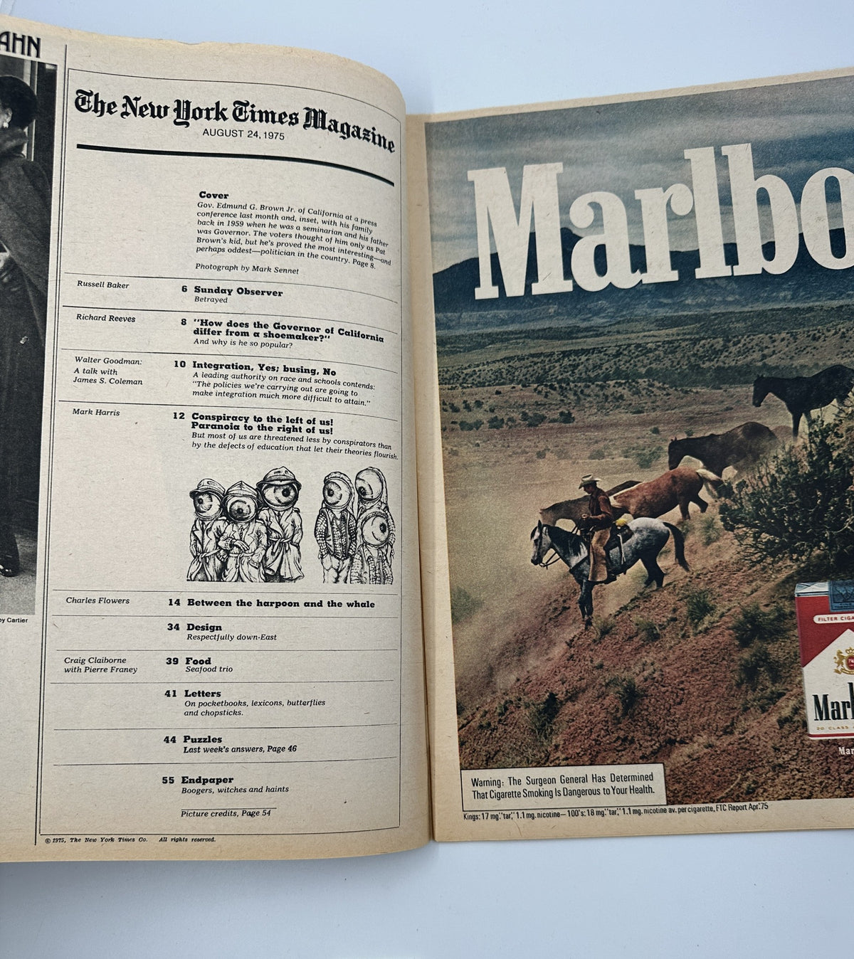 Inside spread of The New York Times Magazine August 24, 1975 showing the Table of Contents alongside an advertisement for Marlboro, illustrating the content layout and publication style of the magazine.