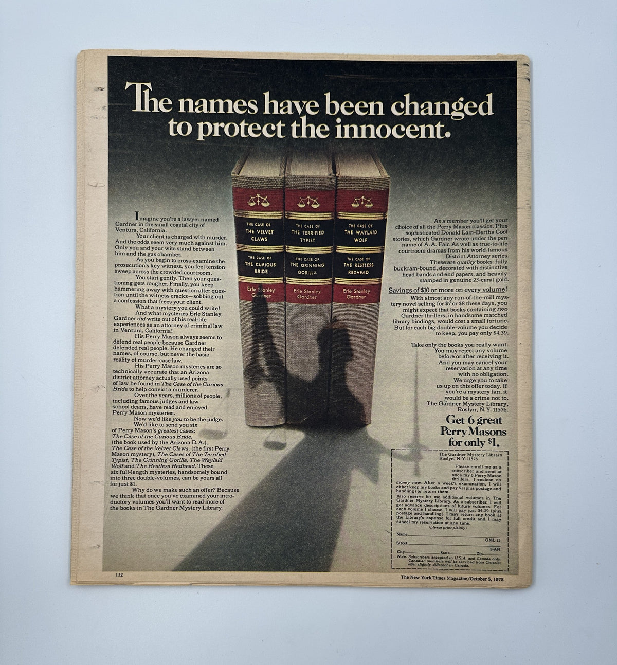 Back cover of The New York Times Magazine October 5, 1975 showcasing an advertisement with a silhouette and title about protecting the innocent.