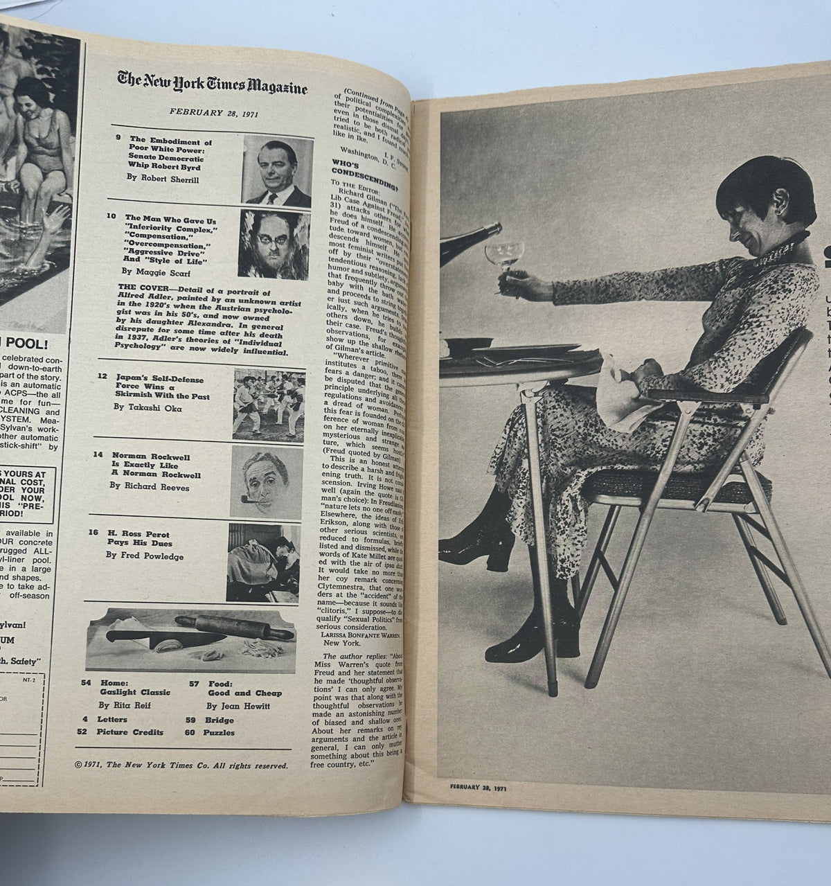 Inside spread of The New York Times Magazine February 28, 1971, showcasing content list and a fashion report, highlighting various articles and features.