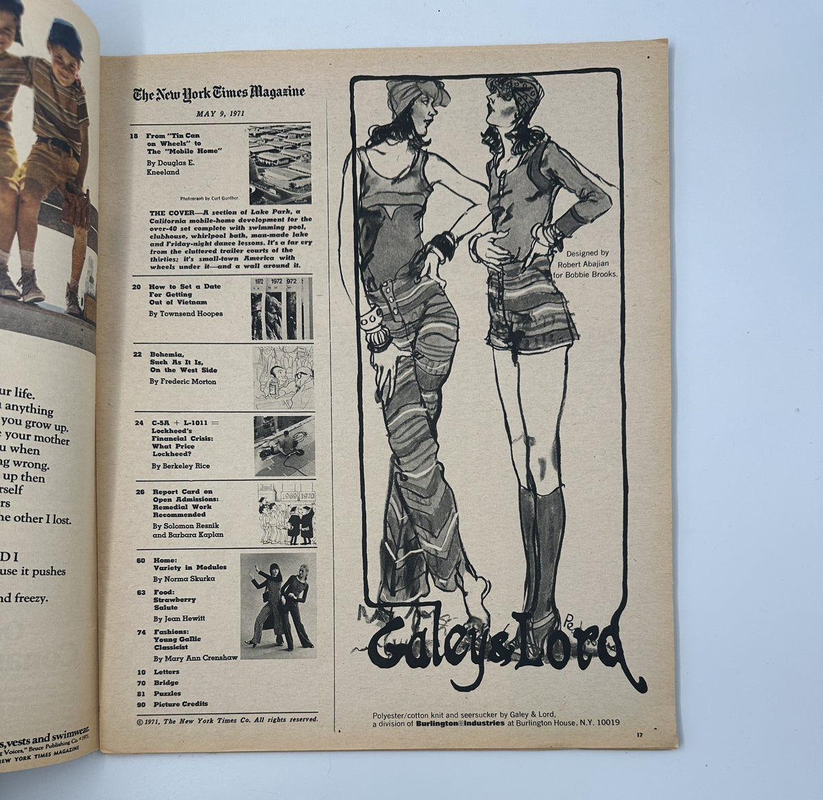 An illustration from The New York Times Magazine May 9, 1971, featuring two stylish women in fashionable outfits, showcasing mobile homes fashion discussions.