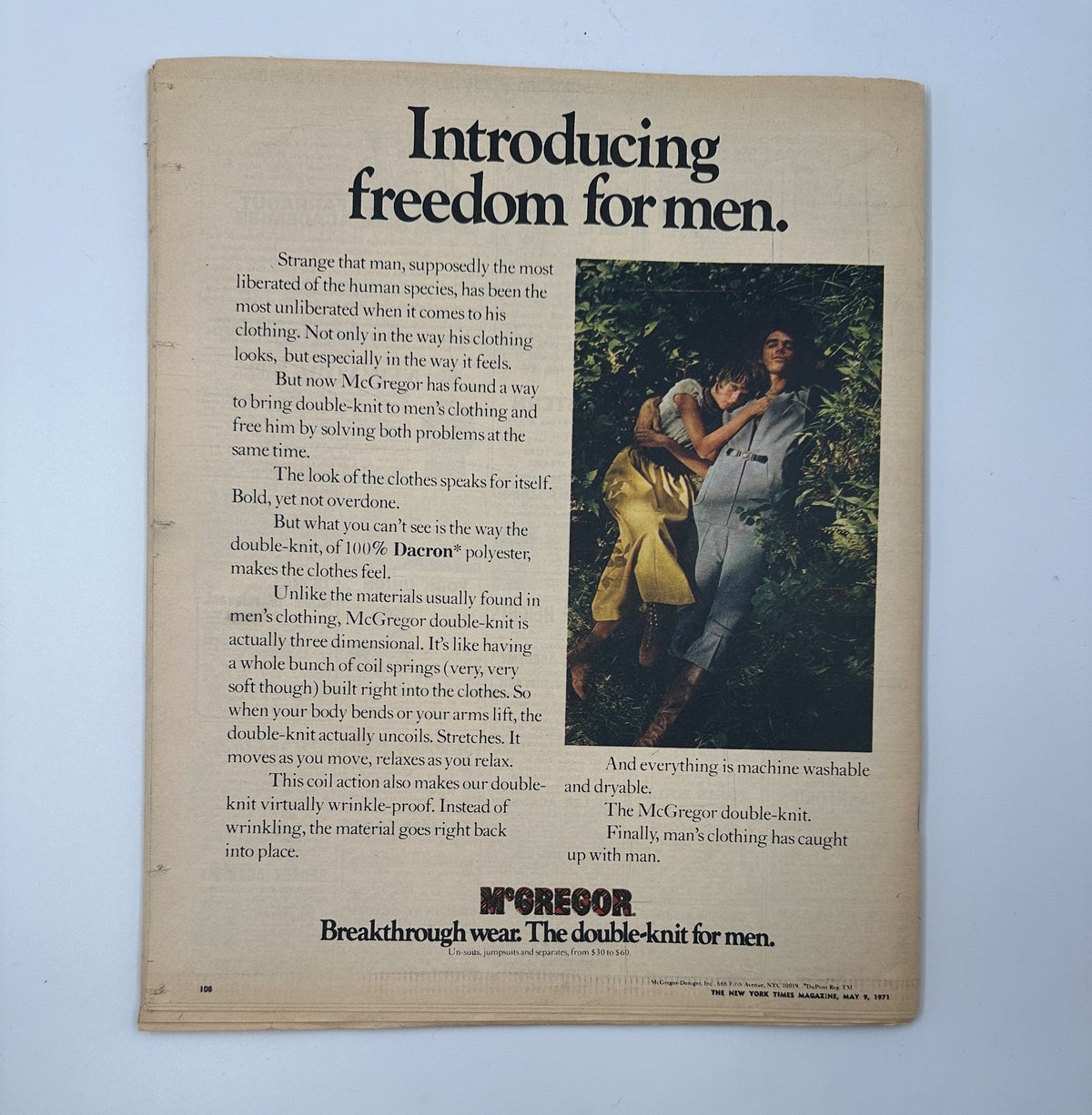An advertisement from The New York Times Magazine May 9, 1971, introducing McGregor's double-knit clothing for men, emphasizing comfort and freedom in style.