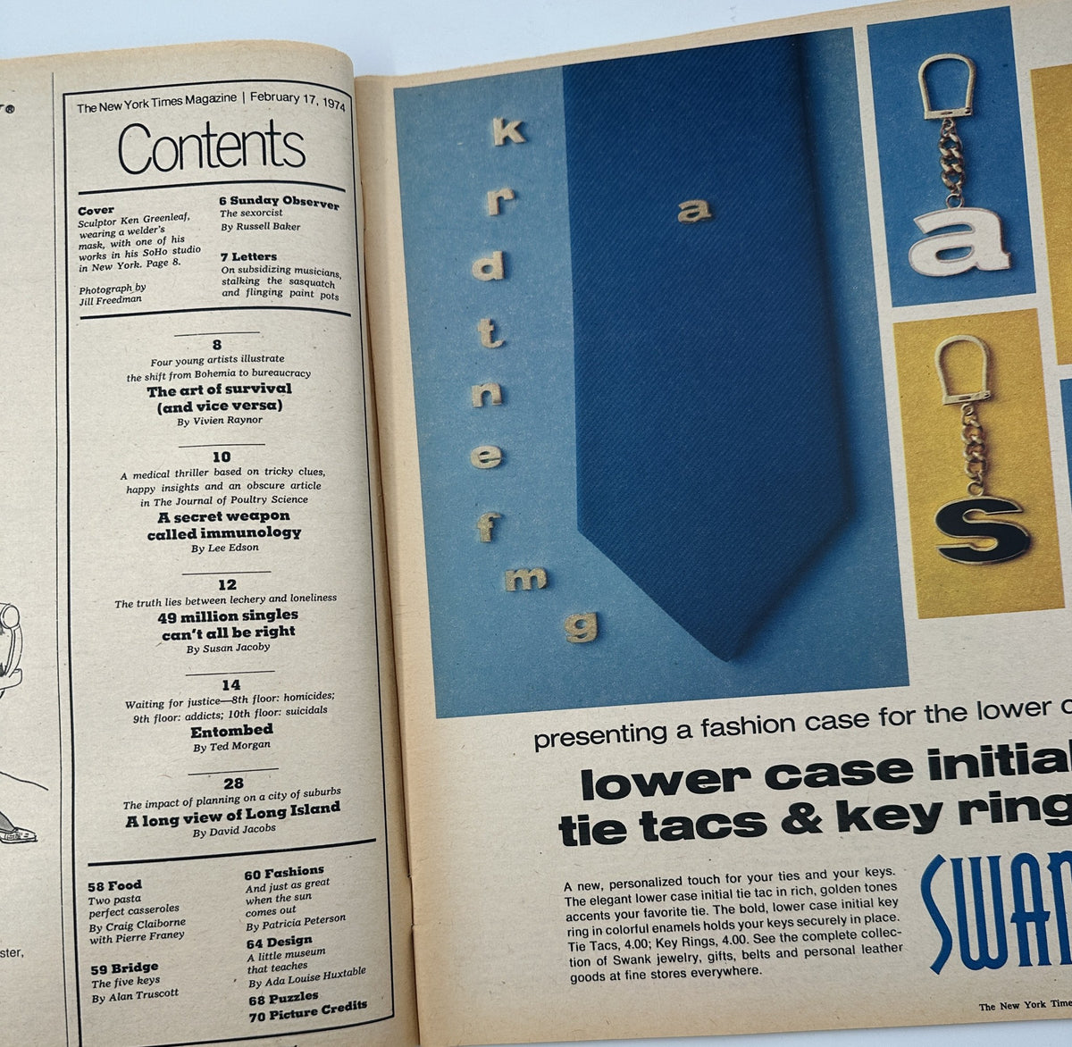 Contents page of The New York Times Magazine from February 17, 1974, listing various articles including 'Sunday Observer,' 'Letters,' 'Four young artists illustrate the shift from Bohemia to bureaucracy,' and more.