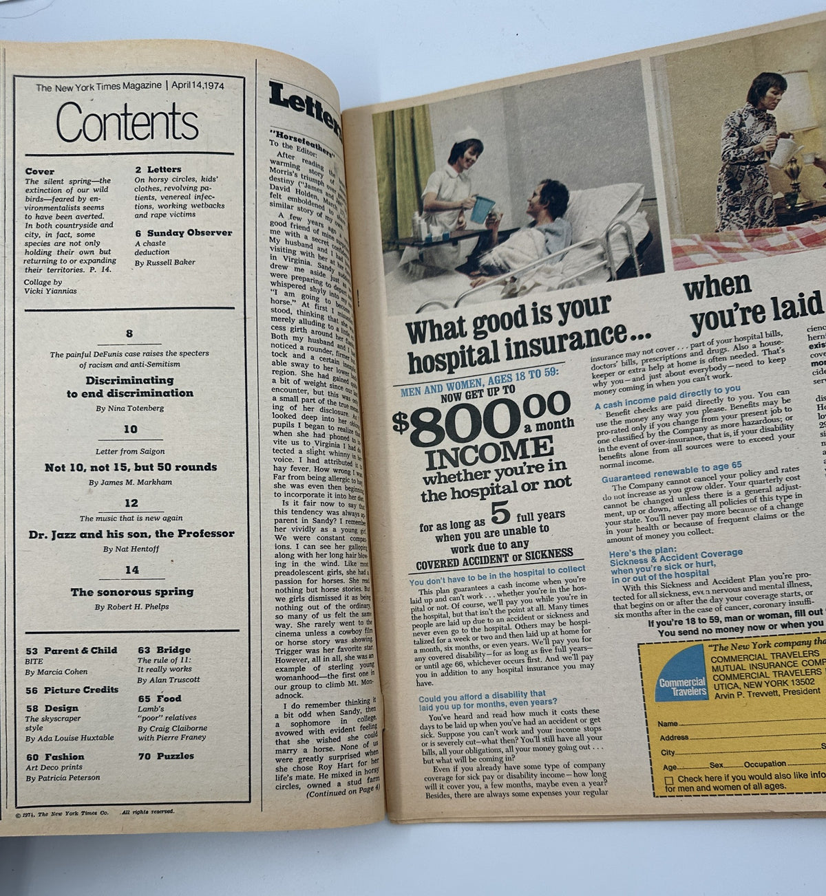Interior page of The New York Times Magazine April 14, 1974 showcasing the Table of Contents alongside an article about hospital insurance.