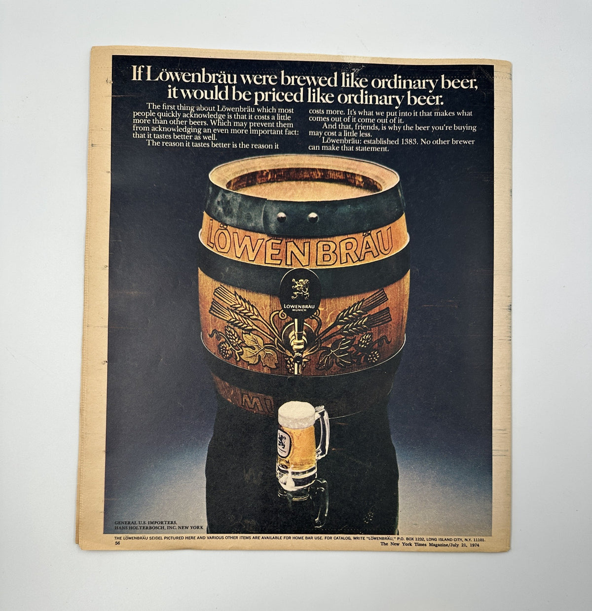 The New York Times Magazine July 21, 1974 cover featuring a prominent advertisement for Löwenbräu beer, showcasing a decorative beer barrel with a glass, emphasizing the tagline about affordable pricing for quality beer.