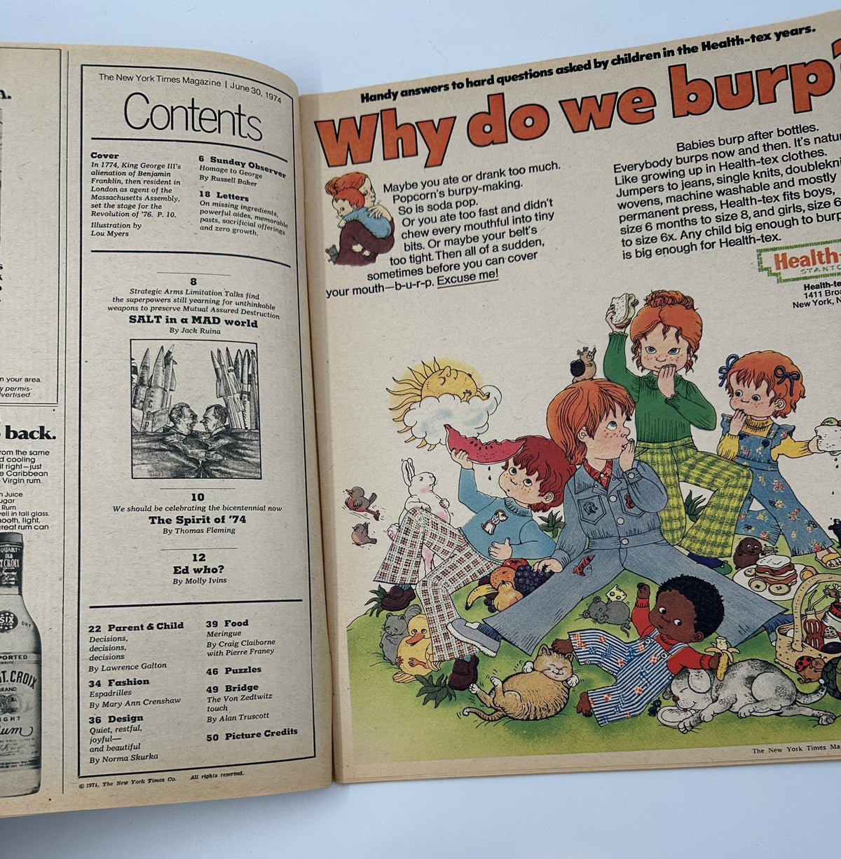 Inside page of The New York Times Magazine June 30, 1974 with the Table of Contents, showcasing various articles including 'Why do we burp?', with colorful illustrations of children.