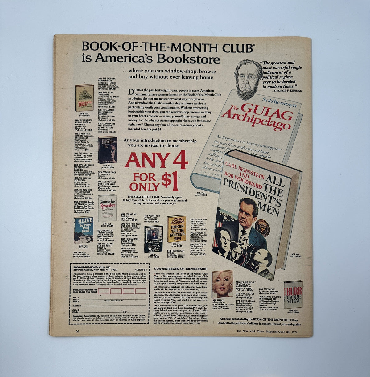 Back page advertisement from The New York Times Magazine June 30, 1974 promoting the Book-of-the-Month Club, featuring a prominent book cover and membership details.