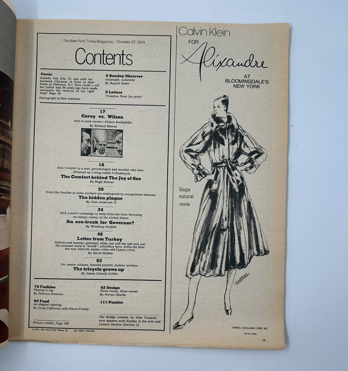 The New York Times Magazine October 27, 1974 featuring the Table of Contents with notable articles including 'The Comfort behind The Joy of Sex' and 'The Hidden Plague'. The page also showcases a Calvin Klein advertisement at Bloomingdale’s in New York, highlighting a fashion illustration.