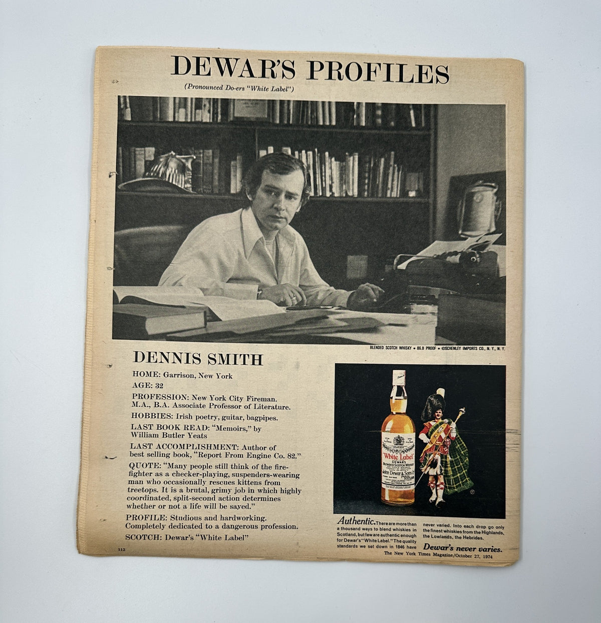 The New York Times Magazine October 27, 1974 page displaying a profile of Dennis Smith. The profile includes his age, profession, and notable works along with a Dewar's White Label whiskey advertisement featuring a traditional Scottish figure.