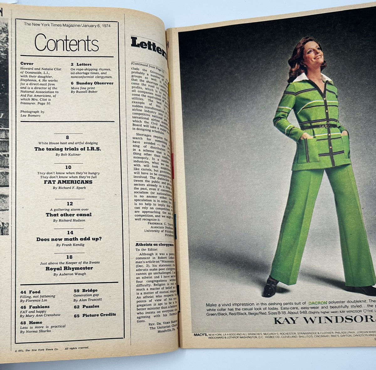 Inside page of The New York Times Magazine January 6, 1974, displaying the Table of Contents with various articles including 'Fat Americans' and a fashion feature by Kay Windsor.