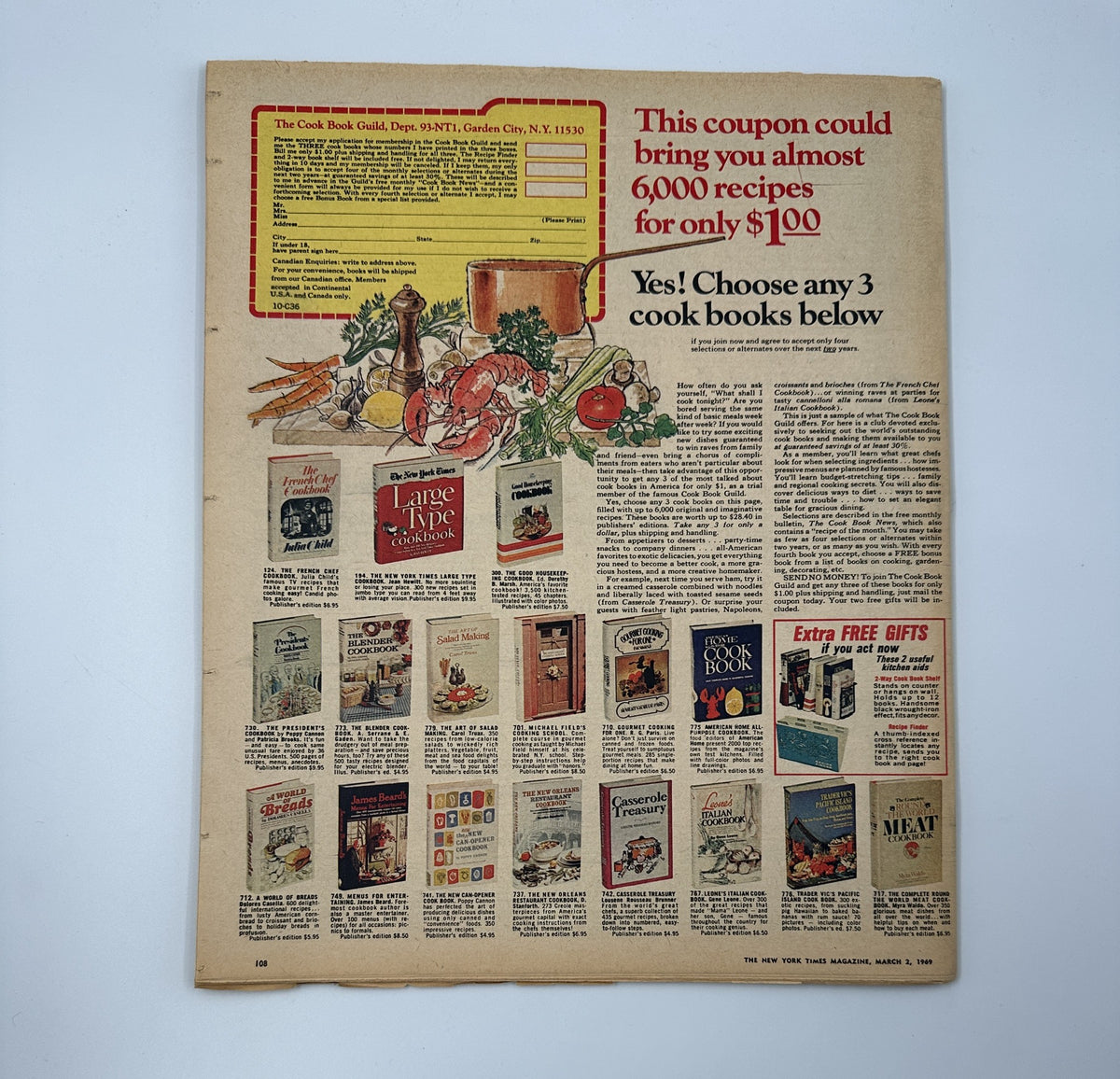 Back cover of The New York Times Magazine March 2, 1969 featuring a promotional coupon for cookbooks, showcasing various cookbook titles and enticing offers, along with colorful illustrations of food items.