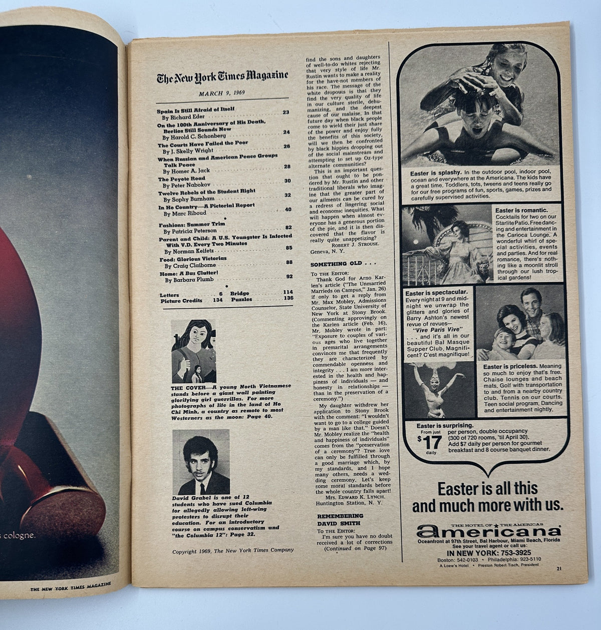 Interior page of The New York Times Magazine dated March 9, 1969, displaying the Table of Contents and an advertisement, featuring articles on themes such as social issues and cultural commentary.