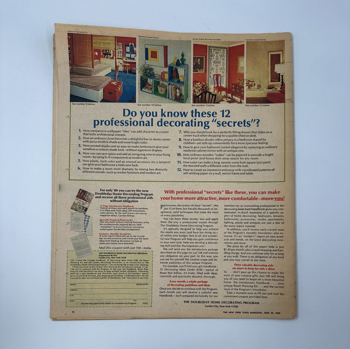 The New York Times Magazine June 29, 1969 back cover featuring a promotional layout for home decorating tips, offering insights into enhancing home aesthetics with a focus on cozy and attractive environments.