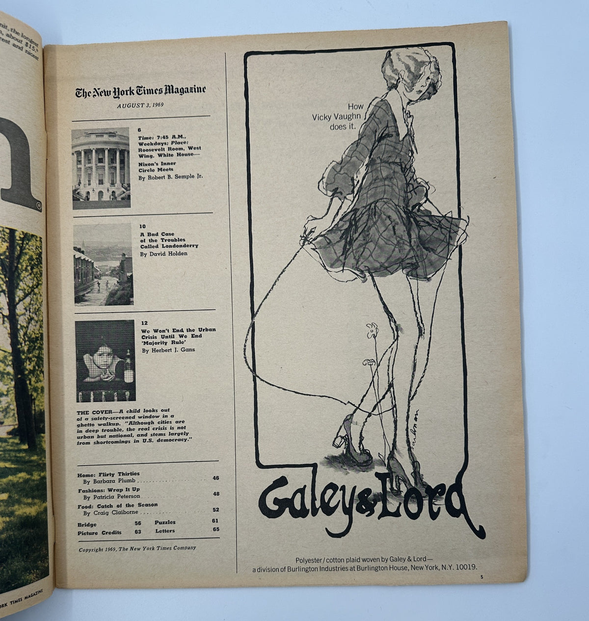 Cover of The New York Times Magazine August 3, 1969 featuring a fashion illustration by Vicky Vaughn for Galey & Lord, showcasing urban fashion context.