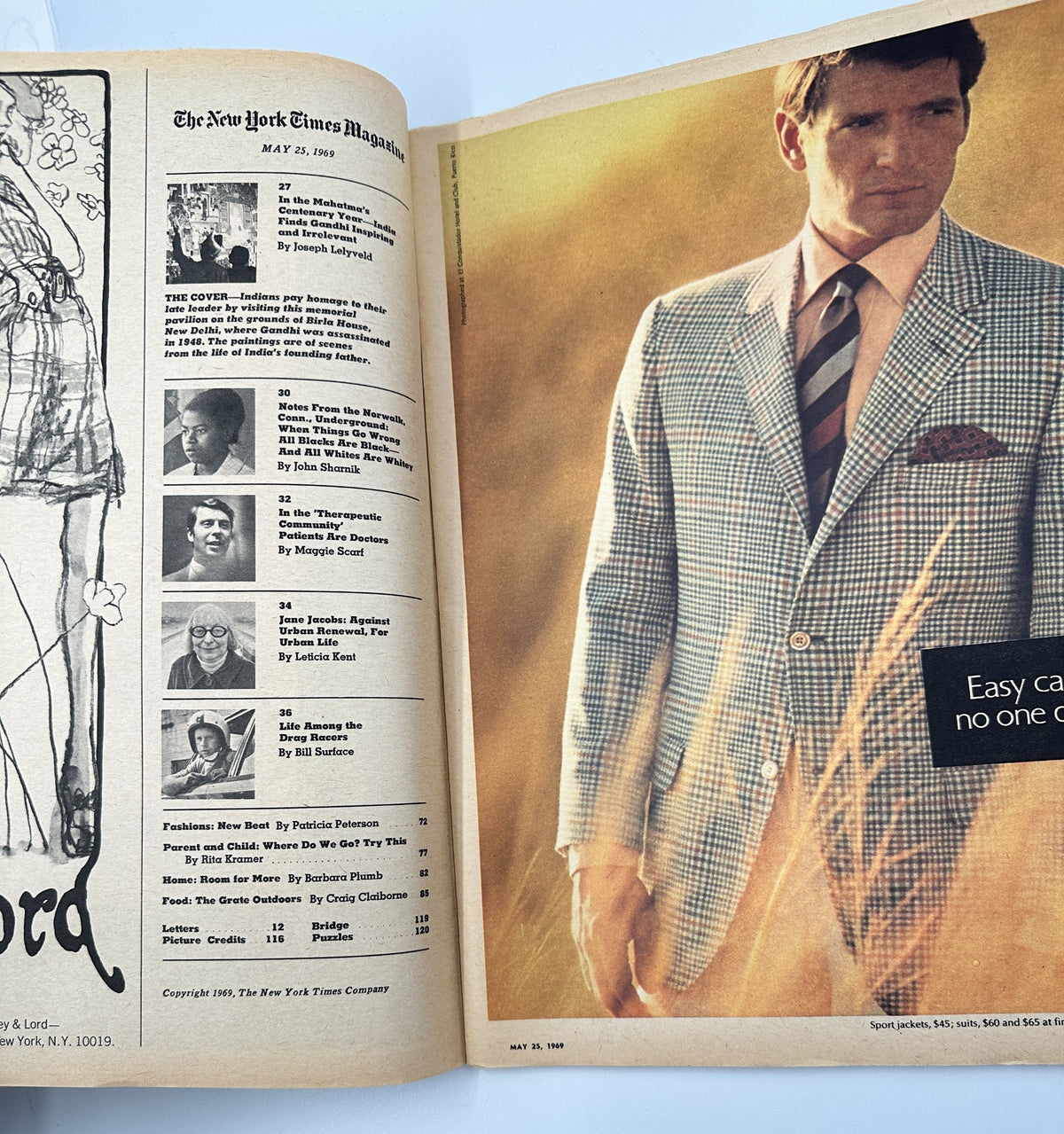 Inside spread of The New York Times Magazine May 25, 1969 showcasing the table of contents and a fashion advertisement, exemplifying mid-century magazine design.